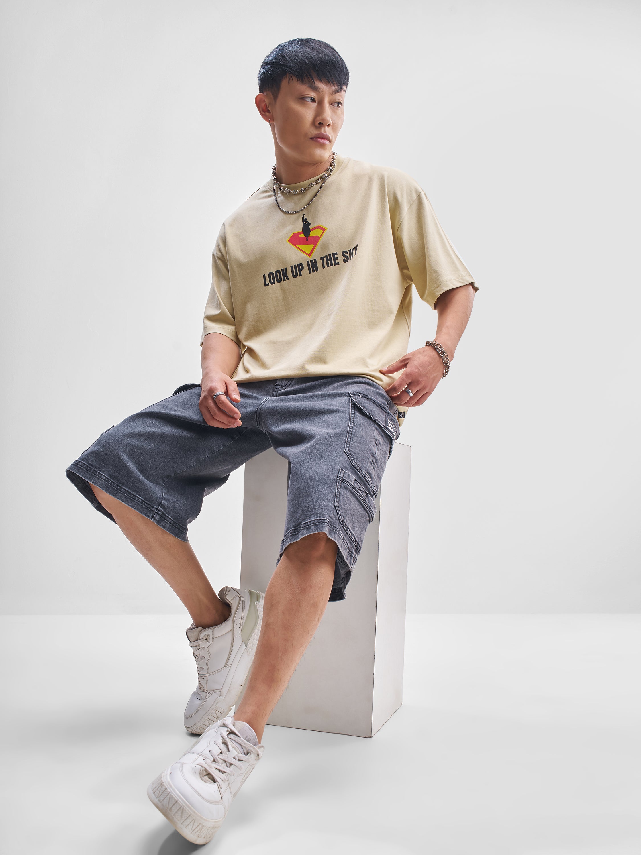 DC By Highlander Men Beige Superman Printed Round Neck Oversized Fit T-Shirt - Beige - Image 2