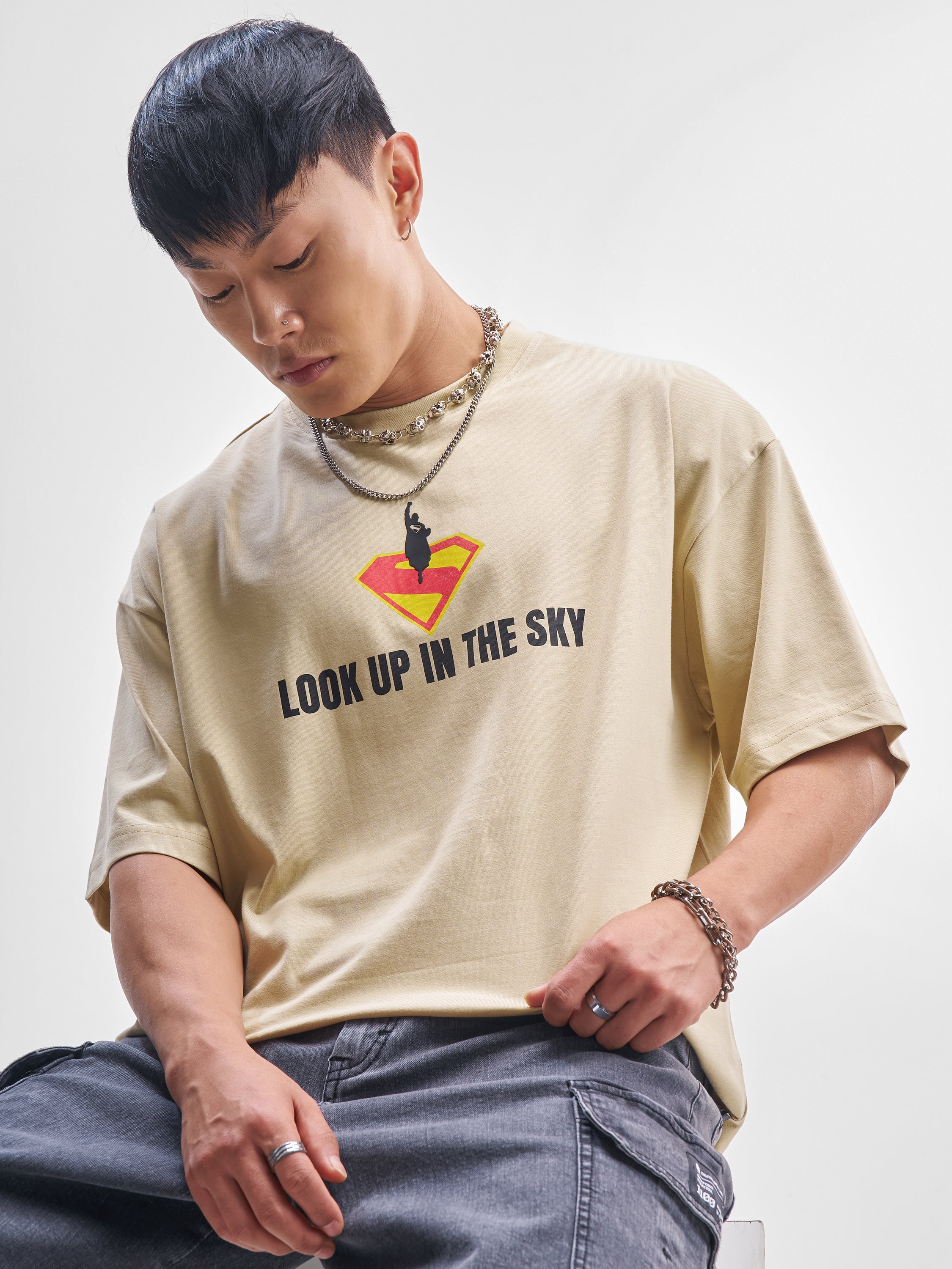 DC By Highlander Men Beige Superman Printed Round Neck Oversized Fit T-Shirt - Beige - Image 3
