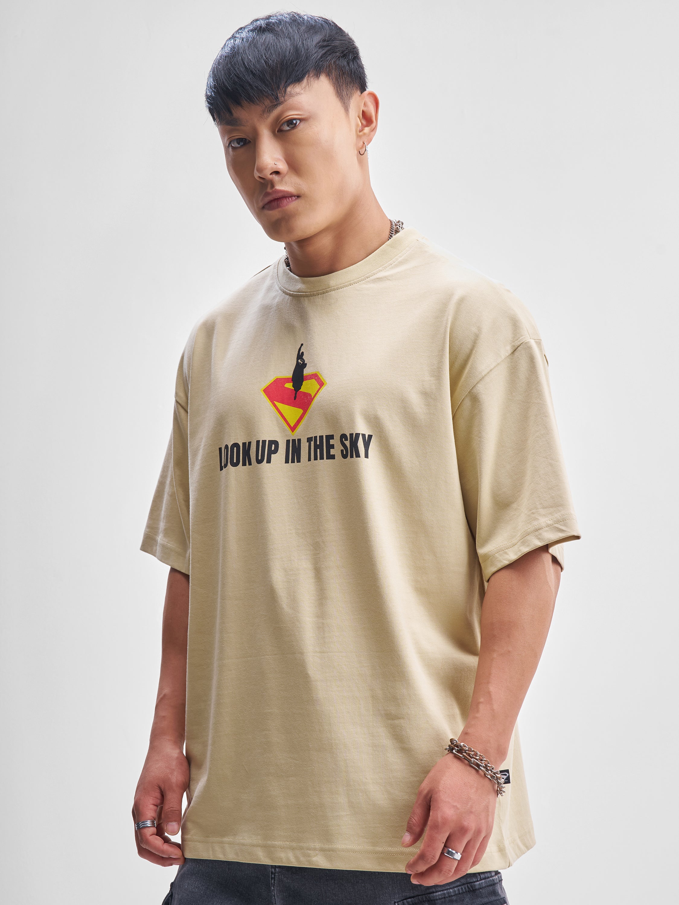 DC By Highlander Men Beige Superman Printed Round Neck Oversized Fit T-Shirt - Beige - Image 4