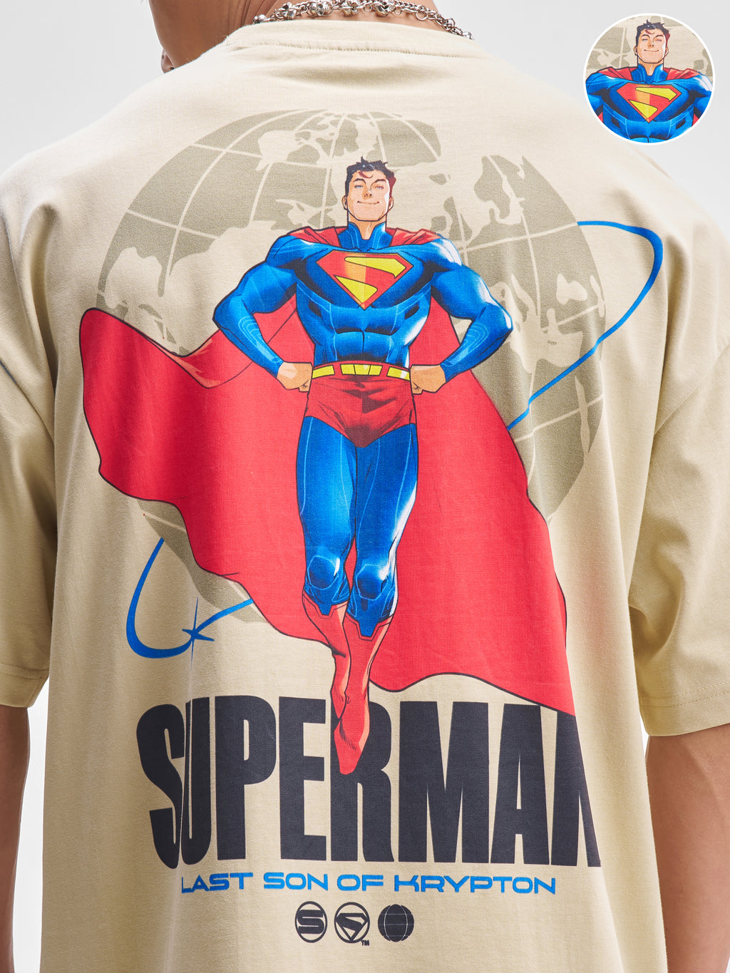 DC By Highlander Men Beige Superman Printed Round Neck Oversized Fit T-Shirt - Beige - Image 5
