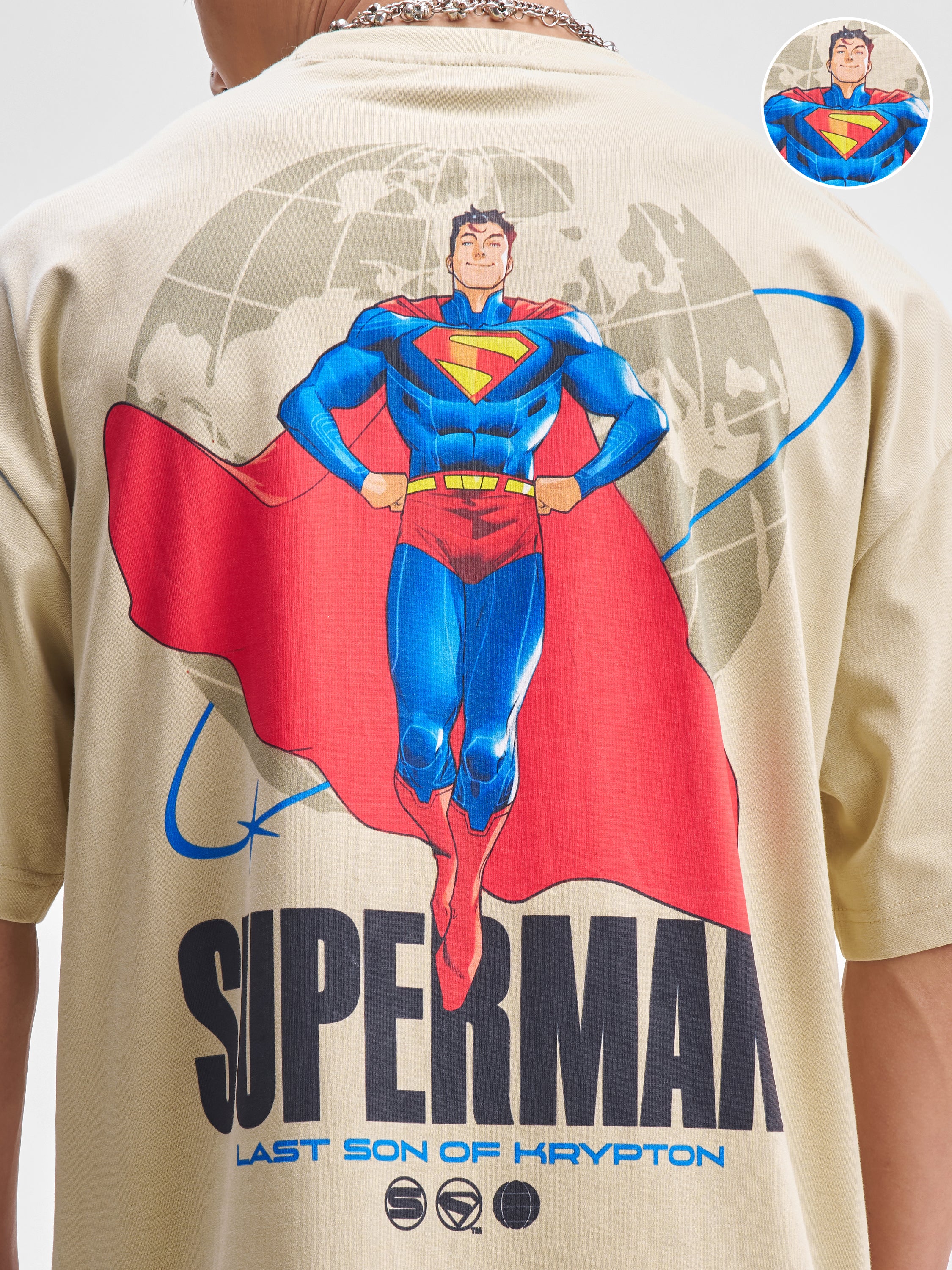DC By Highlander Men Beige Superman Printed Round Neck Oversized Fit T-Shirt - Beige - Image 5