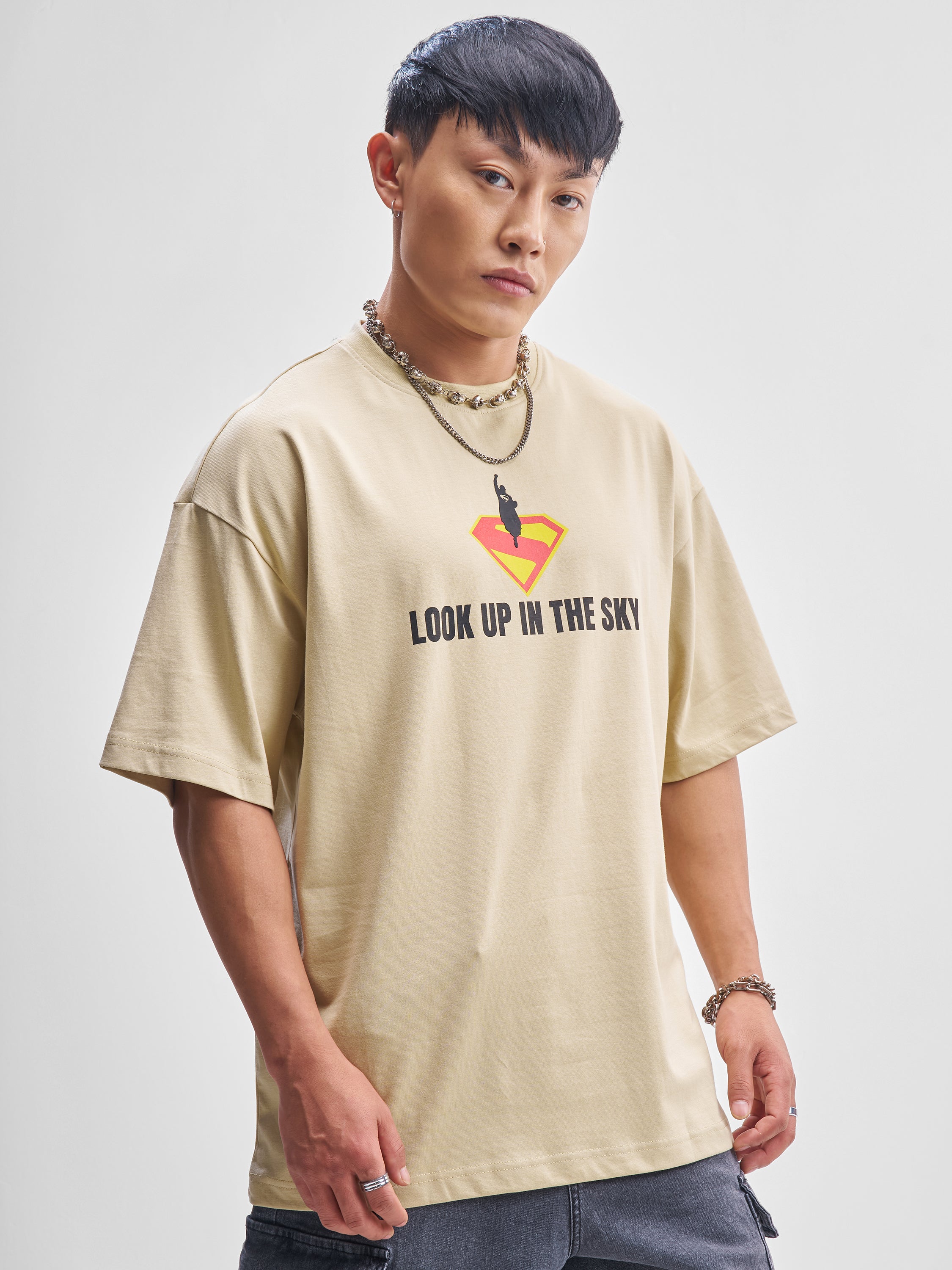 DC By Highlander Men Beige Superman Printed Round Neck Oversized Fit T-Shirt - Beige - Image 6