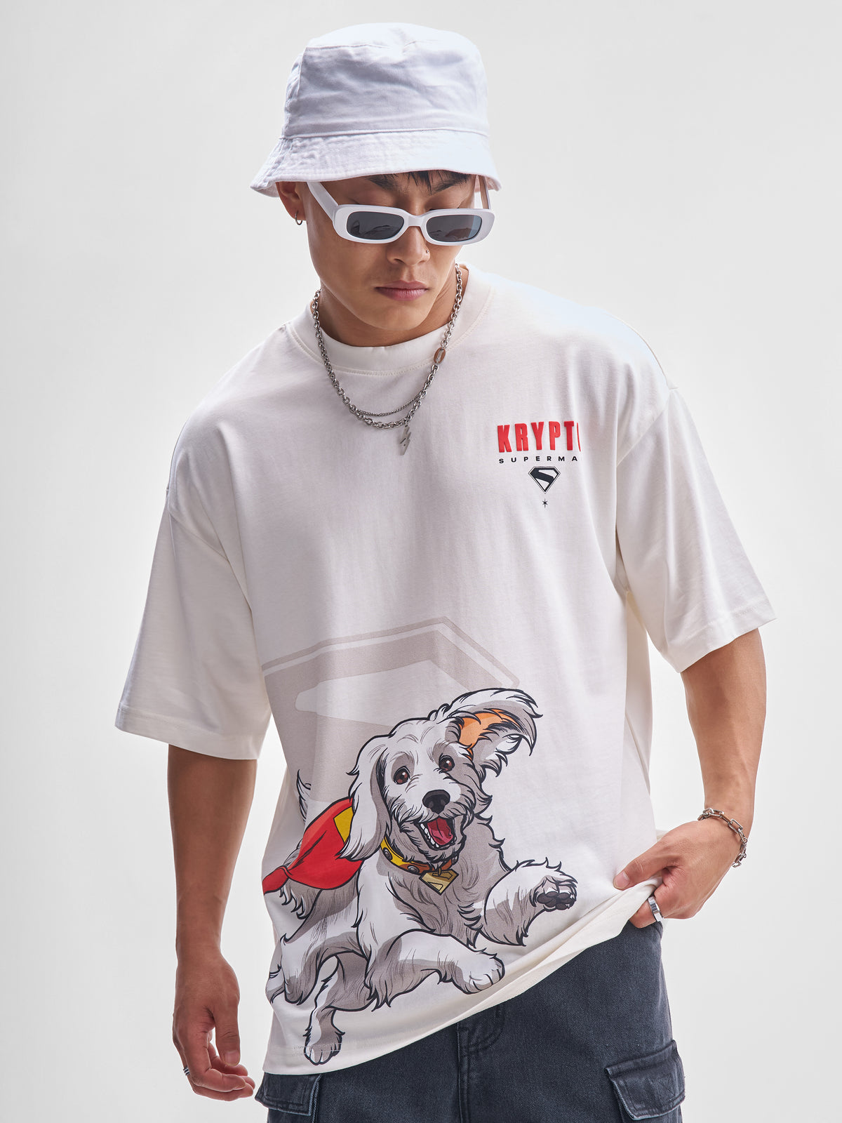 DC By Highlander Men Off White Krypto Superdog Printed Round Neck Oversized Fit T-Shirt - Off White - Image 1