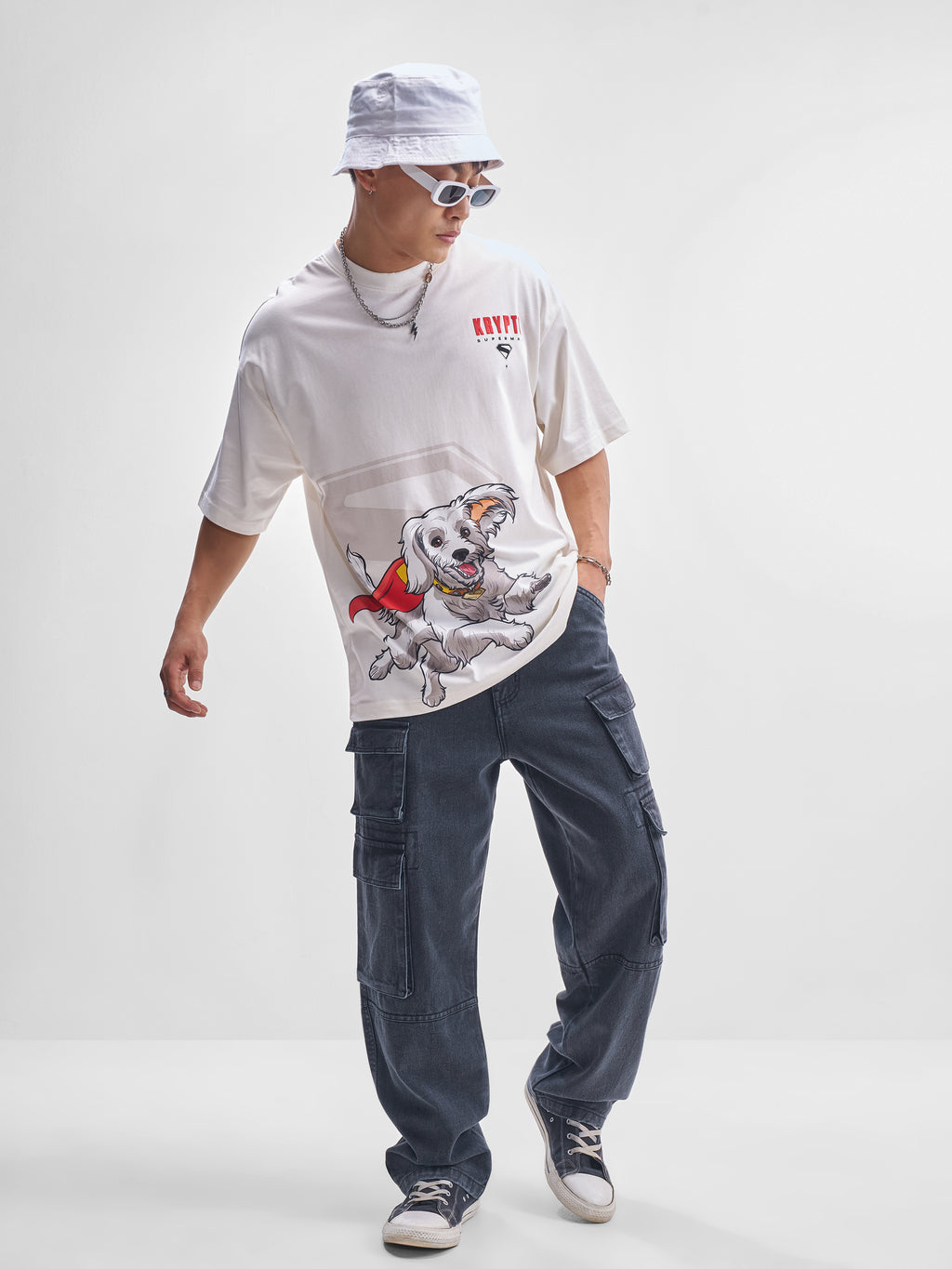 DC By Highlander Men Off White Krypto Superdog Printed Round Neck Oversized Fit T-Shirt - Off White - Image 2