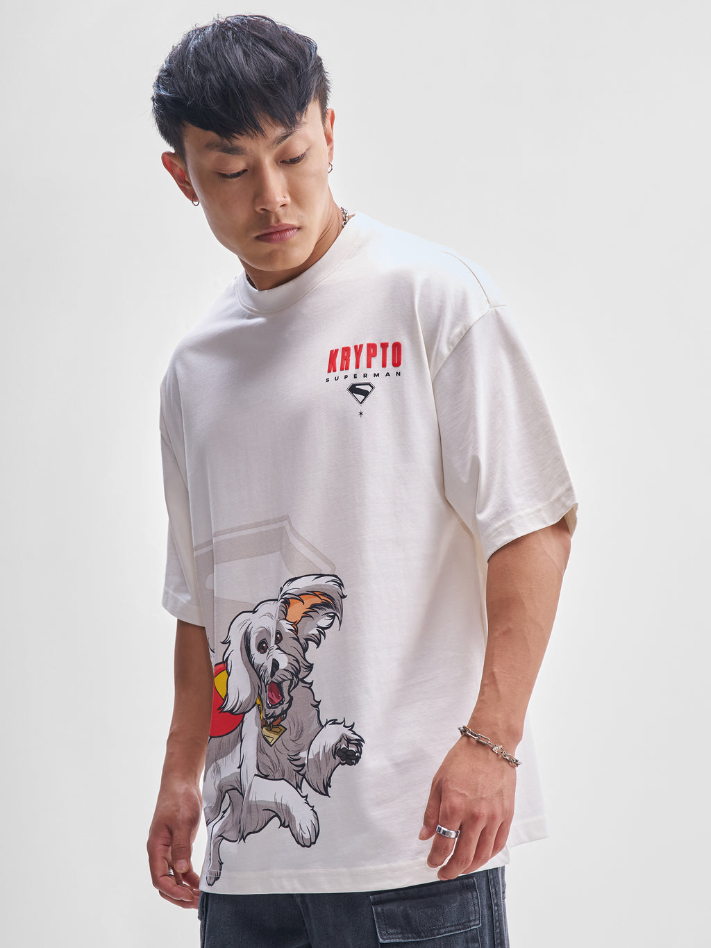 DC By Highlander Men Off White Krypto Superdog Printed Round Neck Oversized Fit T-Shirt - Off White - Image 4