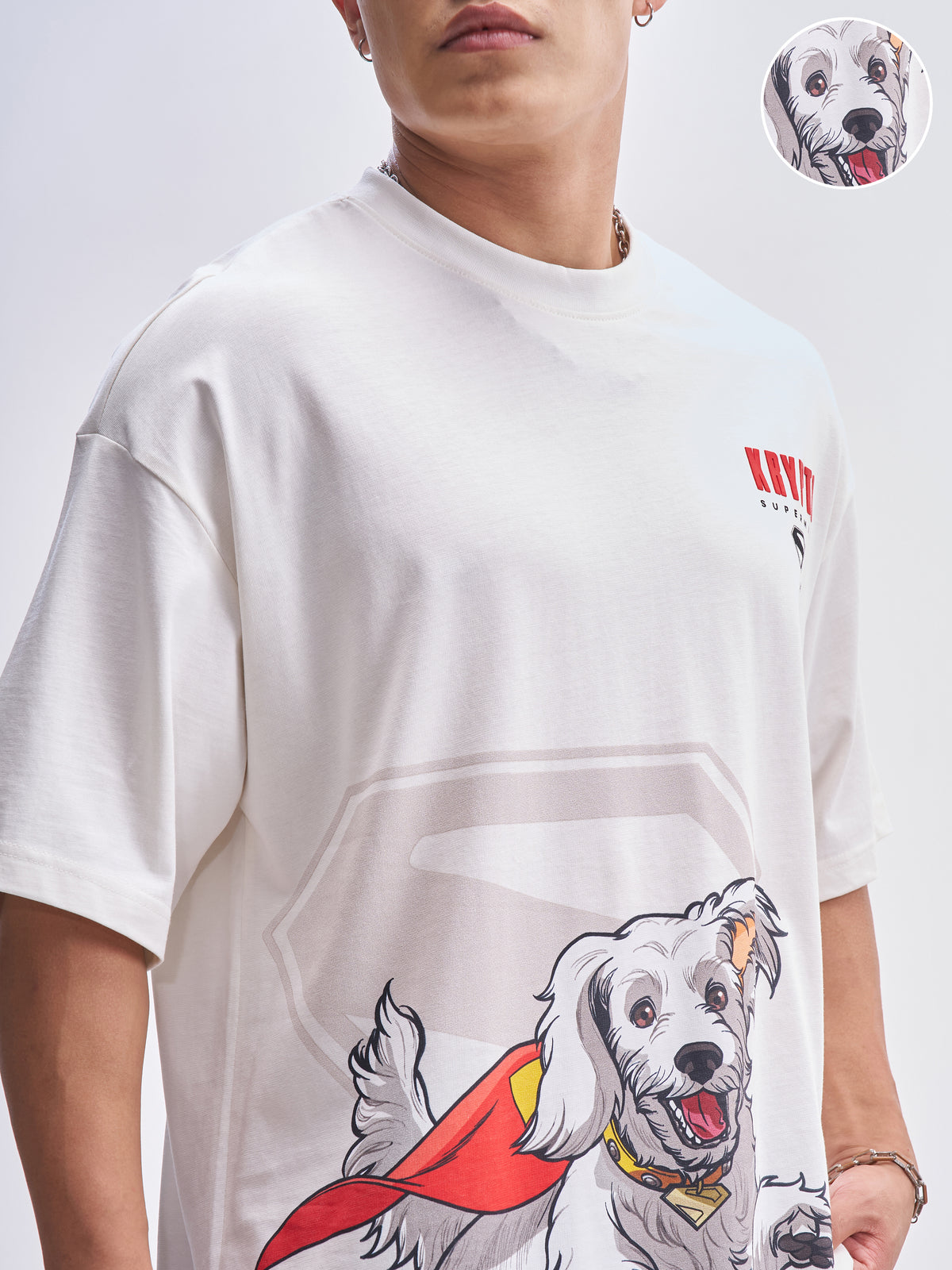DC By Highlander Men Off White Krypto Superdog Printed Round Neck Oversized Fit T-Shirt - Off White - Image 5