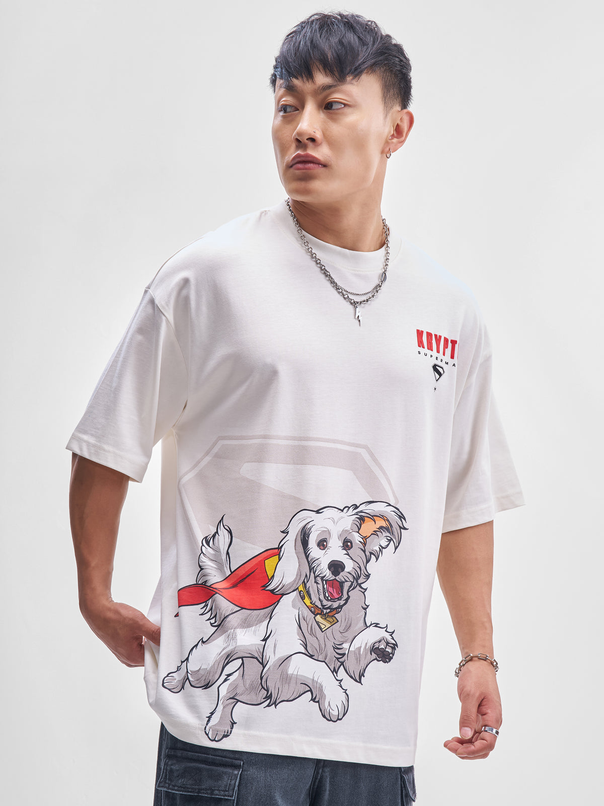 DC By Highlander Men Off White Krypto Superdog Printed Round Neck Oversized Fit T-Shirt - Off White - Image 6