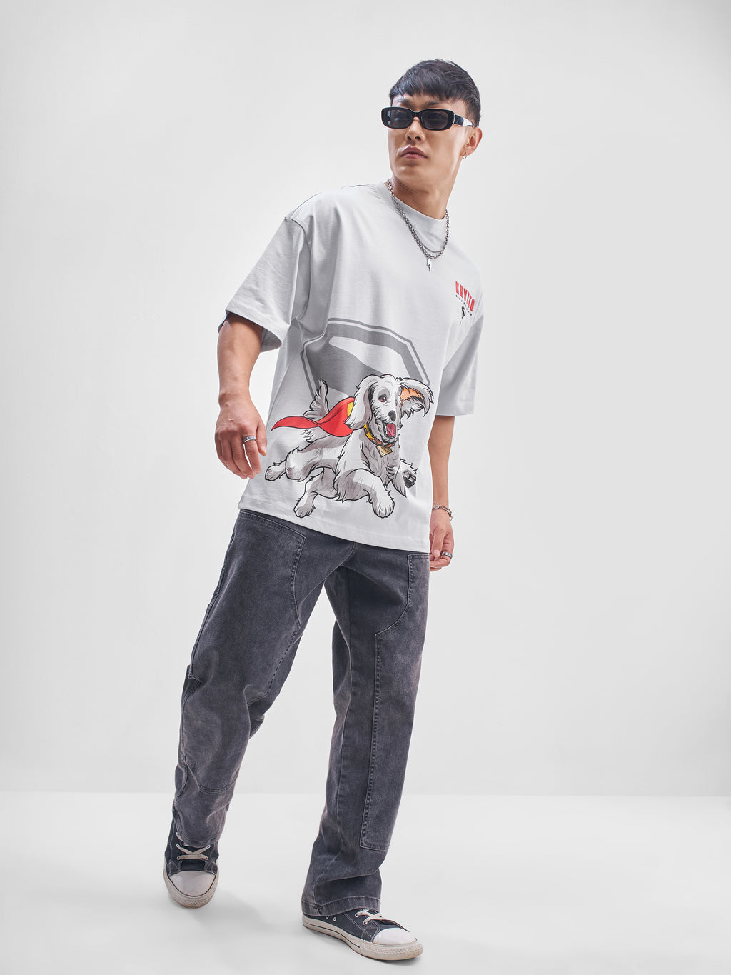 DC By Highlander Men Grey Krypto Superdog Printed Round Neck Oversized Fit T-Shirt - Grey - Image 2