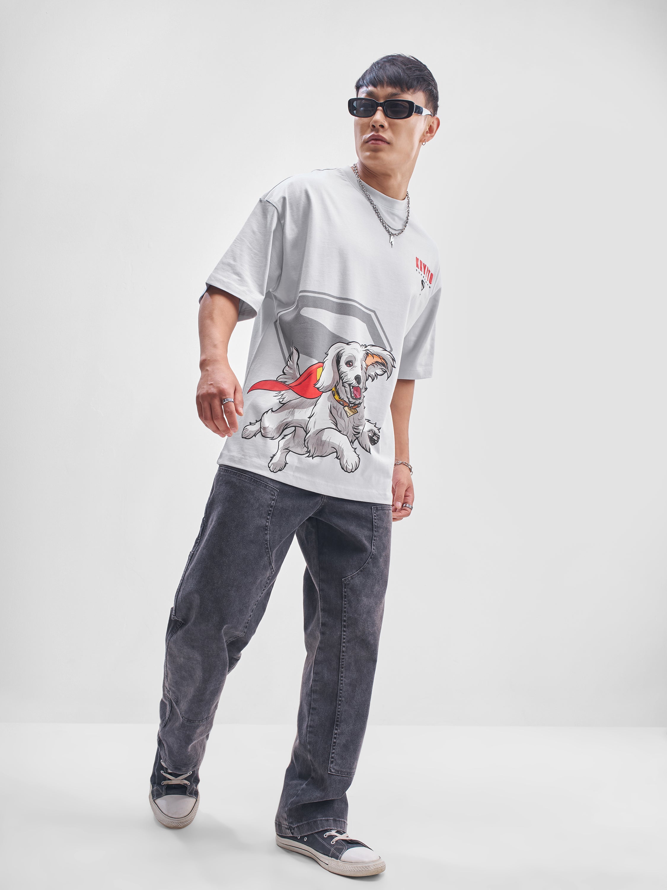 DC By Highlander Men Grey Krypto Superdog Printed Round Neck Oversized Fit T-Shirt - Grey - Image 2