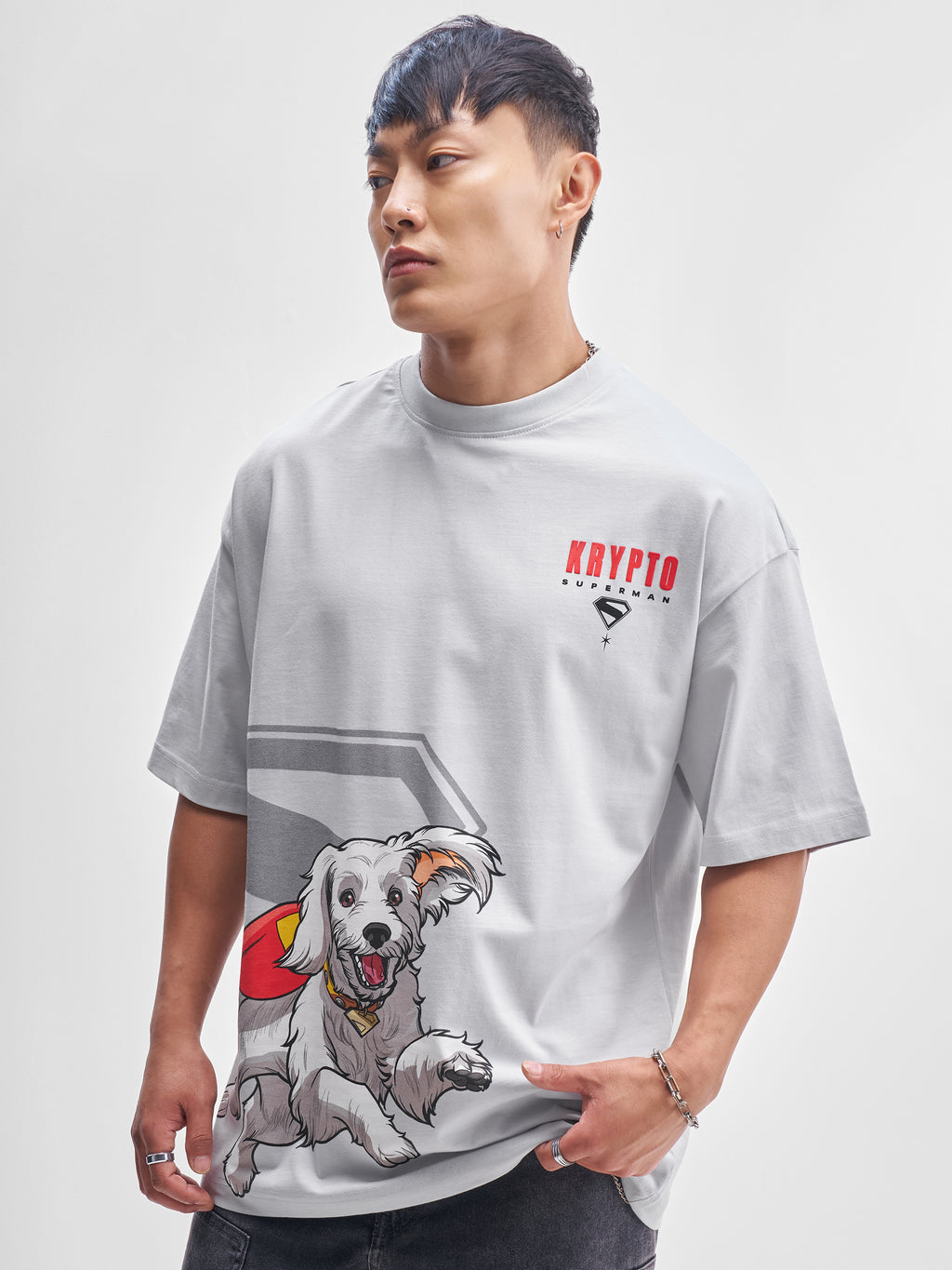 DC By Highlander Men Grey Krypto Superdog Printed Round Neck Oversized Fit T-Shirt - Grey - Image 4