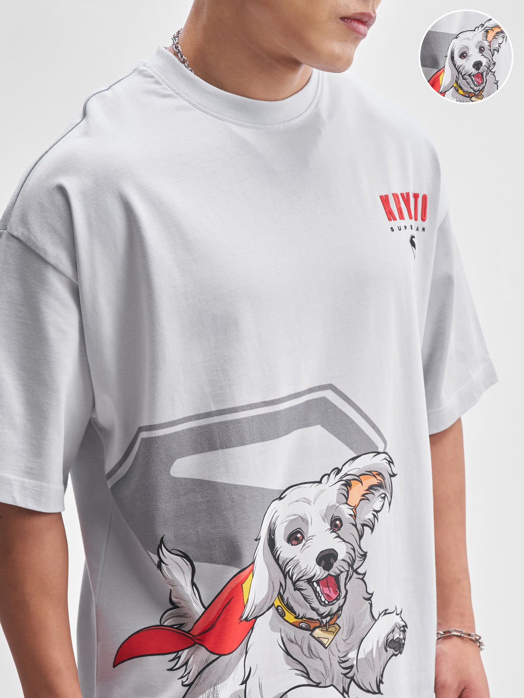 DC By Highlander Men Grey Krypto Superdog Printed Round Neck Oversized Fit T-Shirt - Grey - Image 5