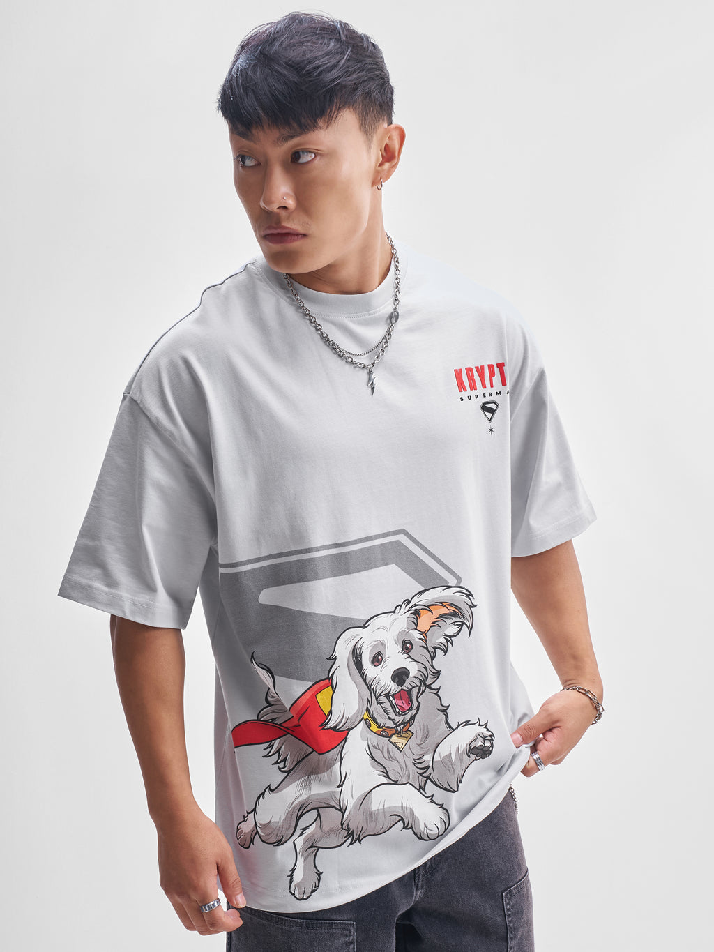 DC By Highlander Men Grey Krypto Superdog Printed Round Neck Oversized Fit T-Shirt - Grey - Image 6