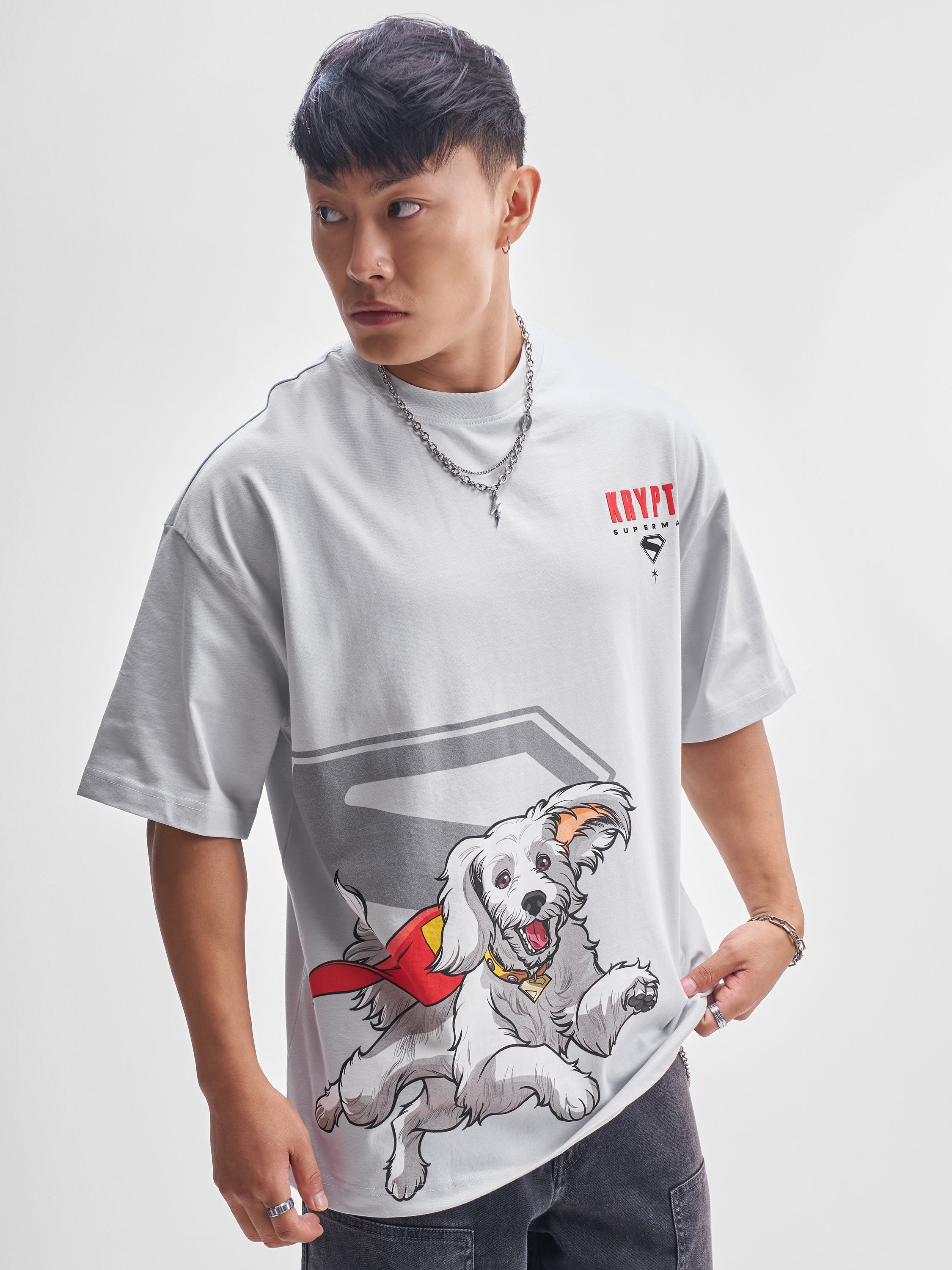 DC By Highlander Men Grey Krypto Superdog Printed Round Neck Oversized Fit T-Shirt - Grey - Image 6