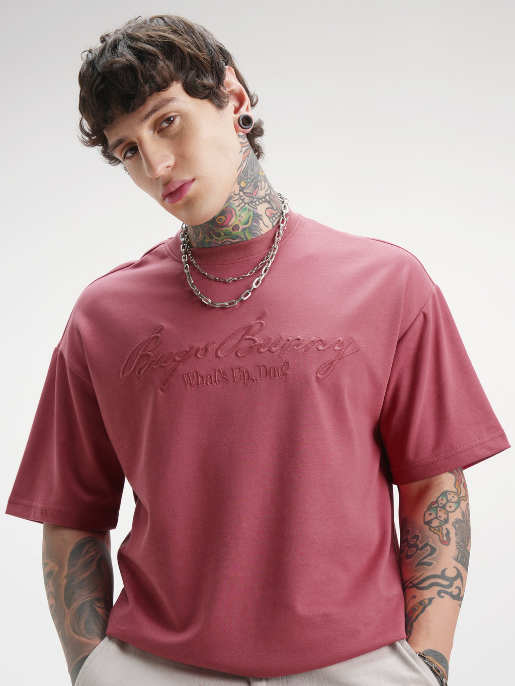 WB By Highlander Men Burgundy Looney Tunes Printed Round Neck Oversized Fit T-Shirt - Burgundy - Image 1