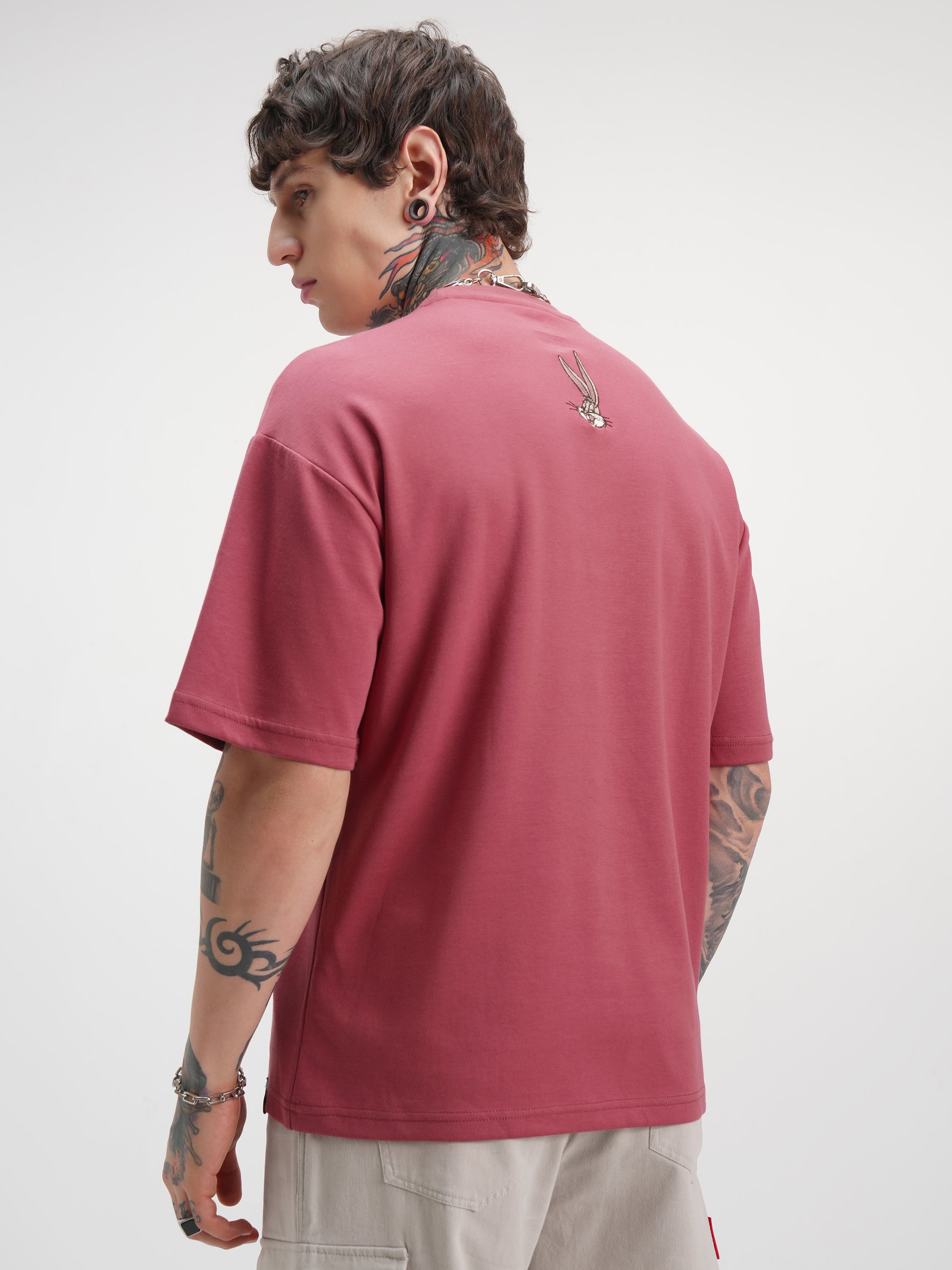 WB By Highlander Men Burgundy Looney Tunes Printed Round Neck Oversized Fit T-Shirt - Burgundy - Image 3