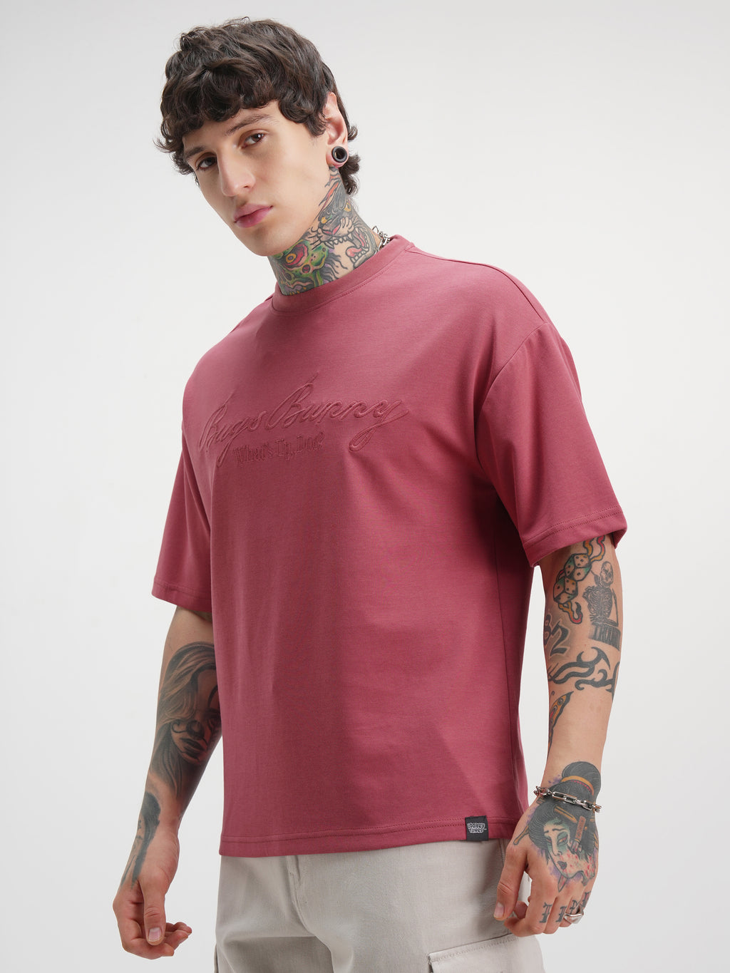WB By Highlander Men Burgundy Looney Tunes Printed Round Neck Oversized Fit T-Shirt - Burgundy - Image 4