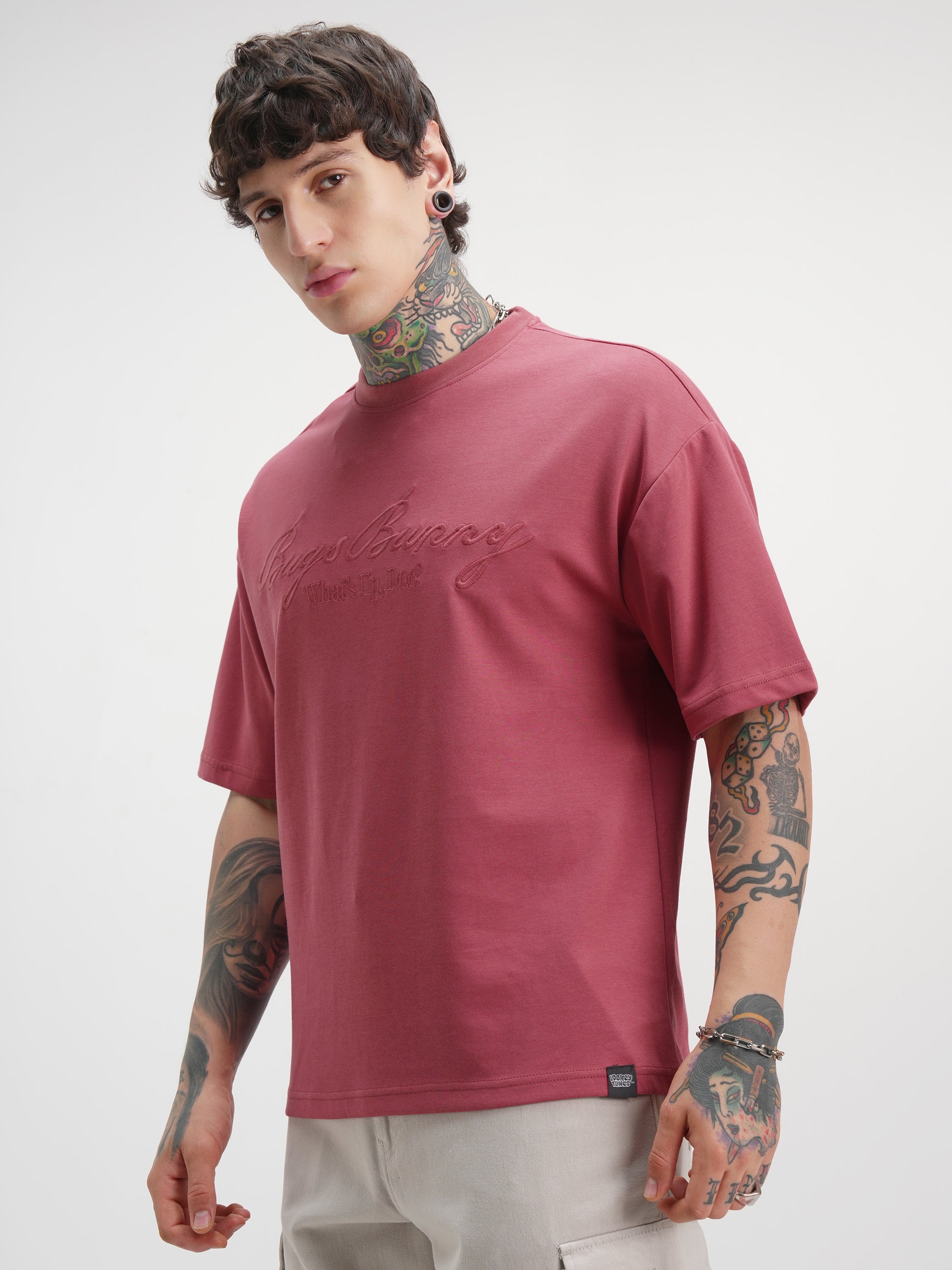 WB By Highlander Men Burgundy Looney Tunes Printed Round Neck Oversized Fit T-Shirt - Burgundy - Image 4