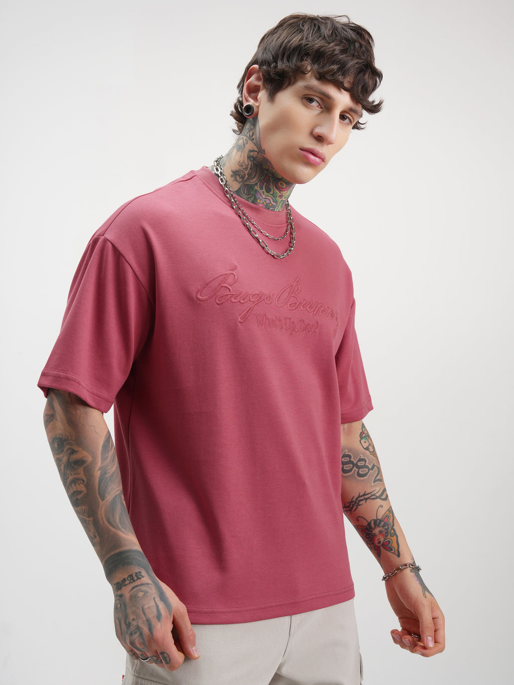 WB By Highlander Men Burgundy Looney Tunes Printed Round Neck Oversized Fit T-Shirt - Burgundy - Image 6
