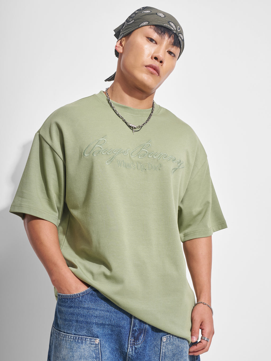 WB By Highlander Men Olive Looney Tunes Printed Round Neck Oversized Fit T-Shirt - Olive - Image 1