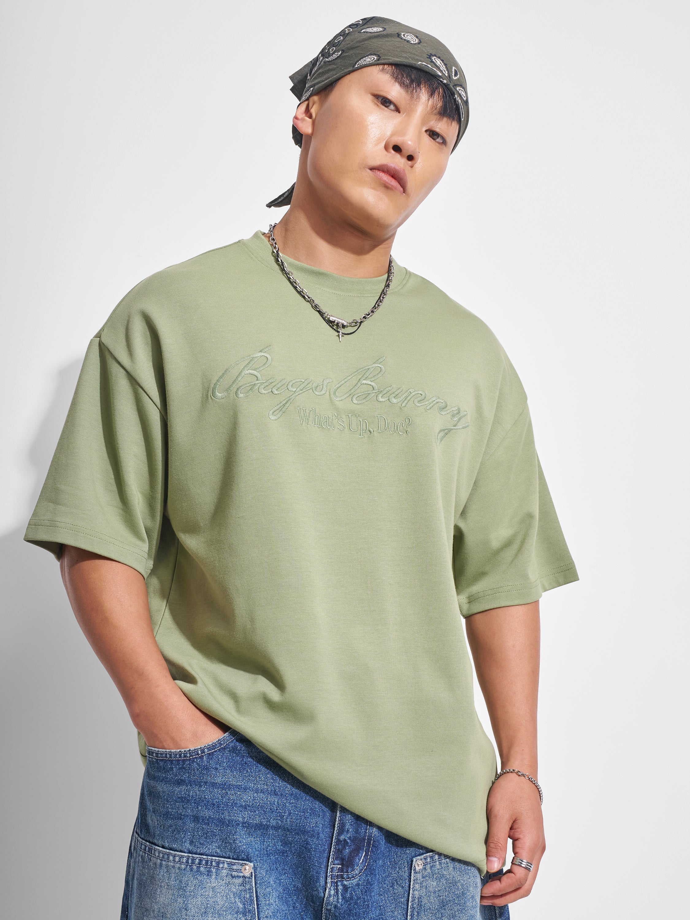 WB By Highlander Men Olive Looney Tunes Printed Round Neck Oversized Fit T-Shirt - Olive - Image 1