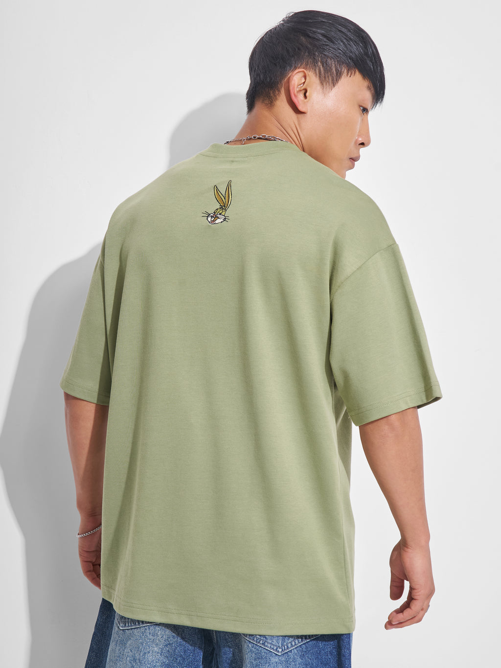 WB By Highlander Men Olive Looney Tunes Printed Round Neck Oversized Fit T-Shirt - Olive - Image 3