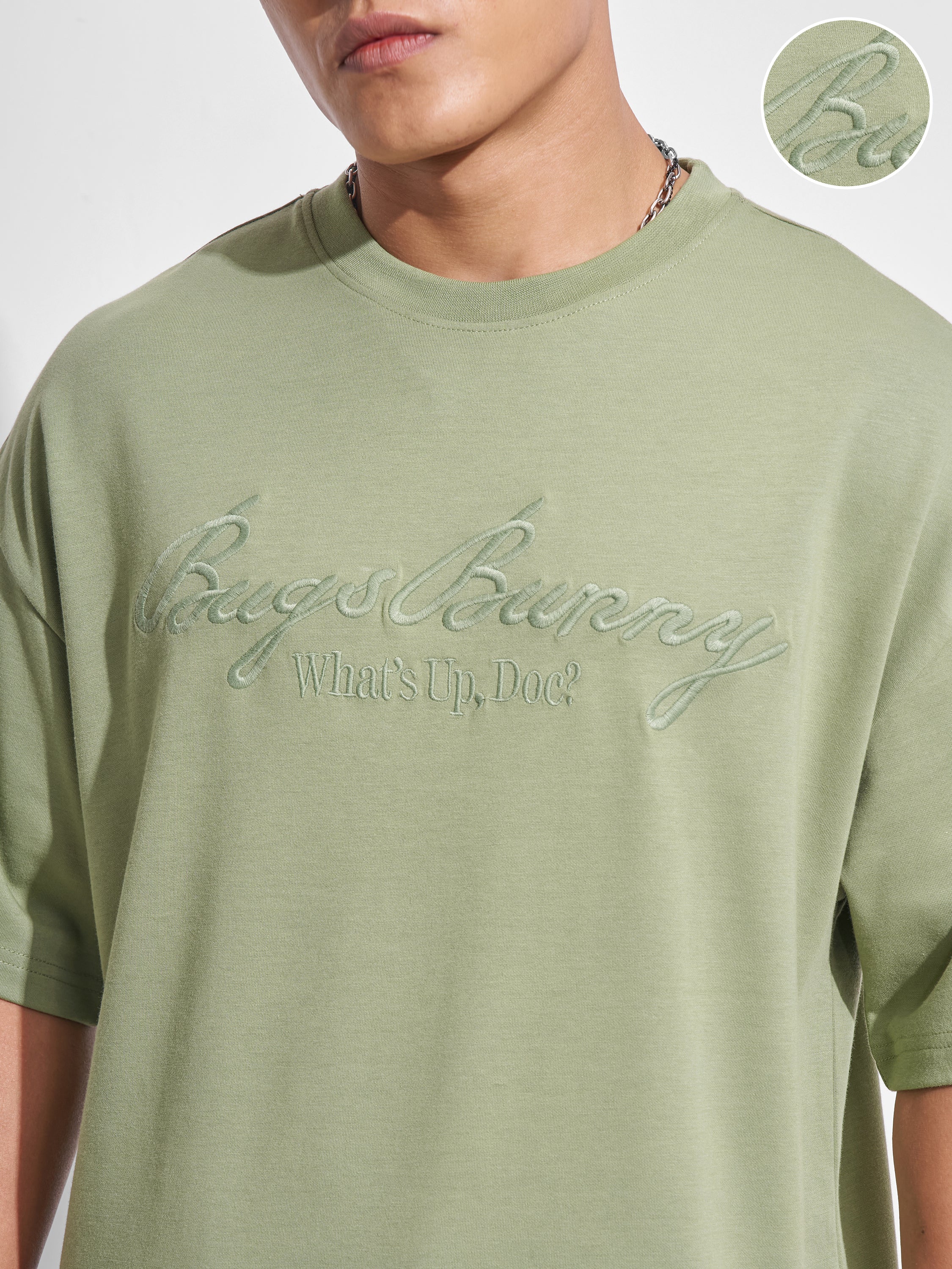 WB By Highlander Men Olive Looney Tunes Printed Round Neck Oversized Fit T-Shirt - Olive - Image 5