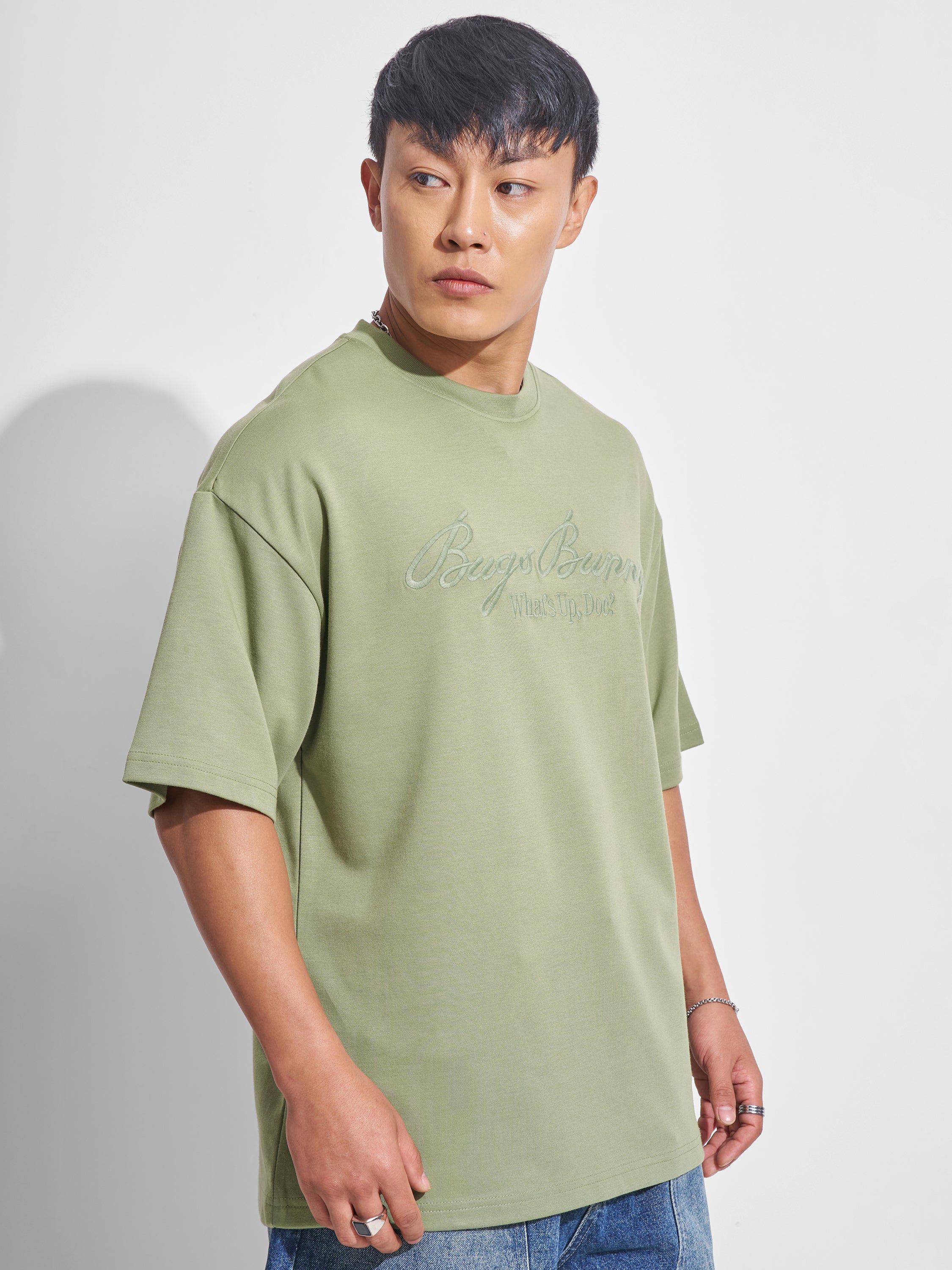 WB By Highlander Men Olive Looney Tunes Printed Round Neck Oversized Fit T-Shirt - Olive - Image 6