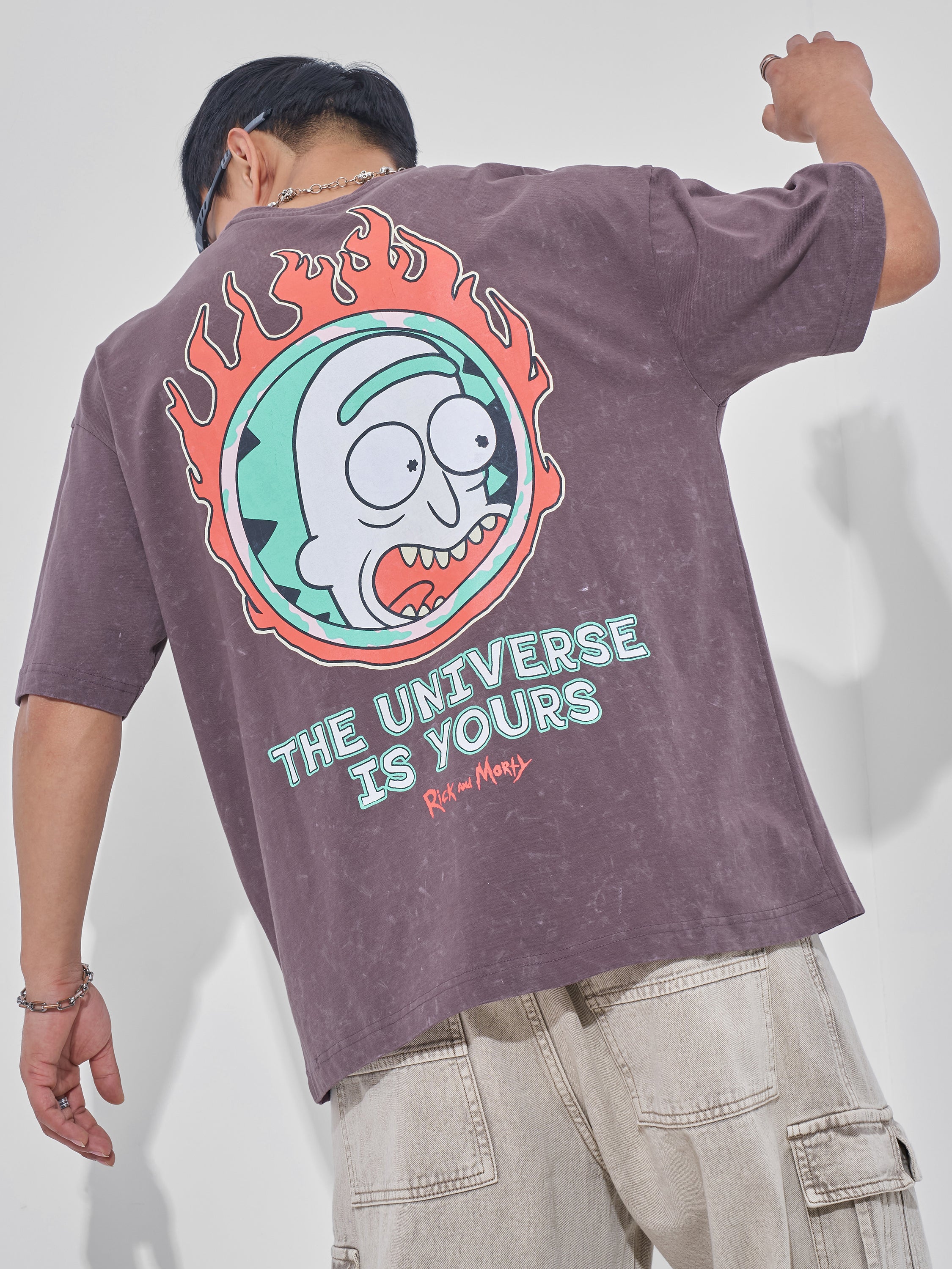 WB By Highlander Men Mauve Rick And Morty Printed Round Neck Oversized Fit T-Shirt - Mauve - Image 1