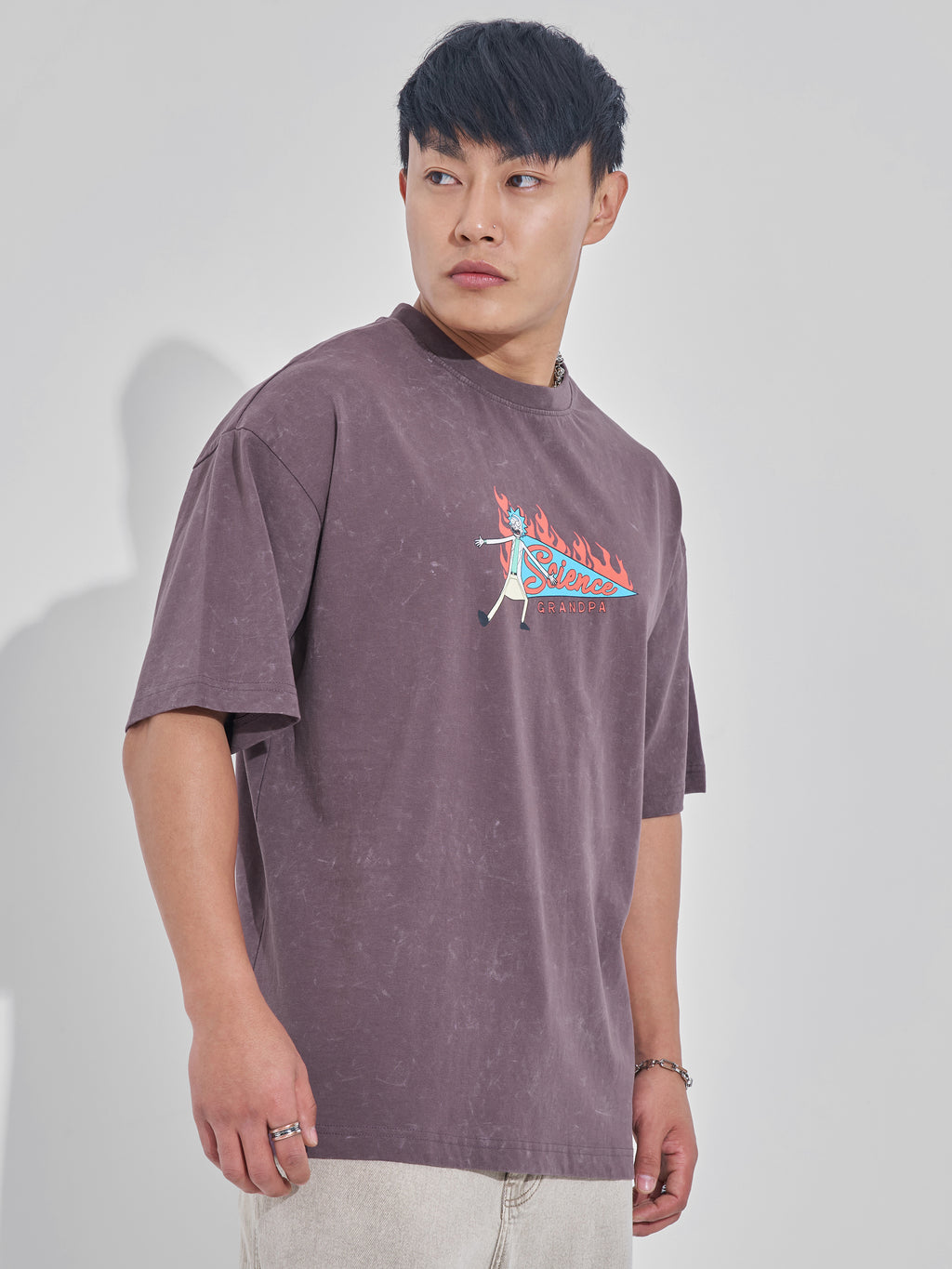 WB By Highlander Men Mauve Rick And Morty Printed Round Neck Oversized Fit T-Shirt - Mauve - Image 6