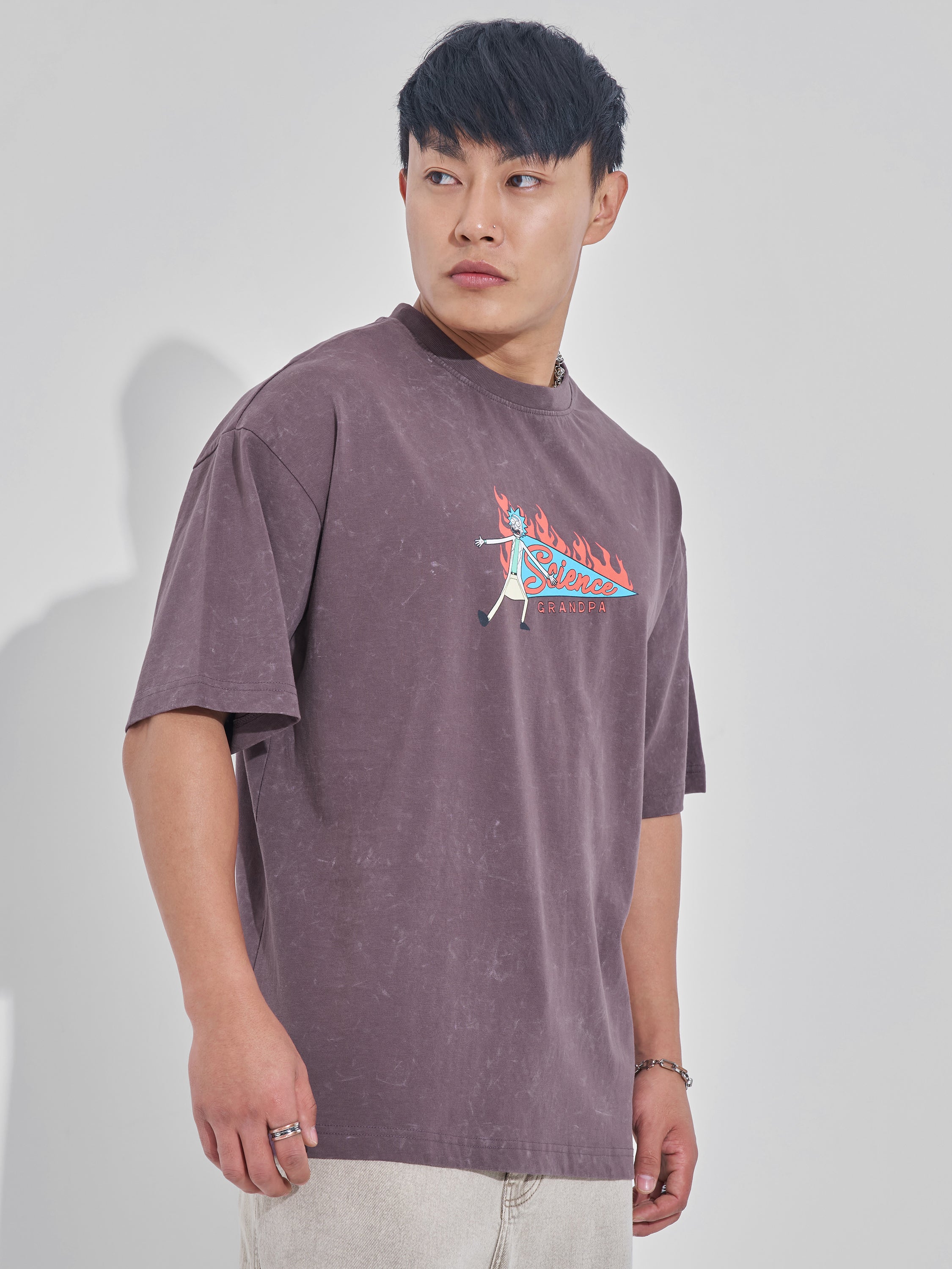 WB By Highlander Men Mauve Rick And Morty Printed Round Neck Oversized Fit T-Shirt - Mauve - Image 6