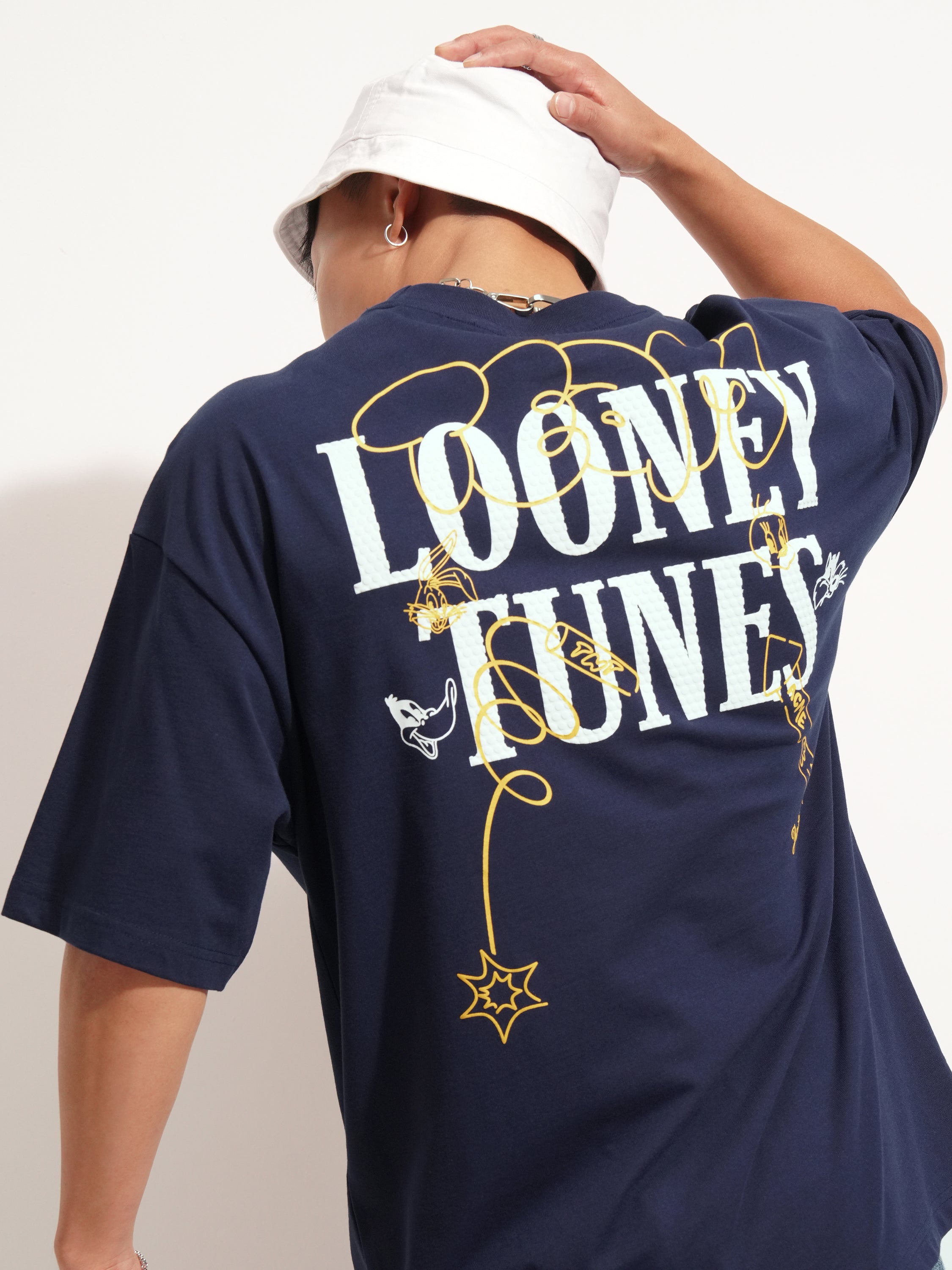 WB By Highlander Men Navy Blue Looney Tunes Printed Round Neck Oversized Fit T-Shirt - Navy Blue - Image 1