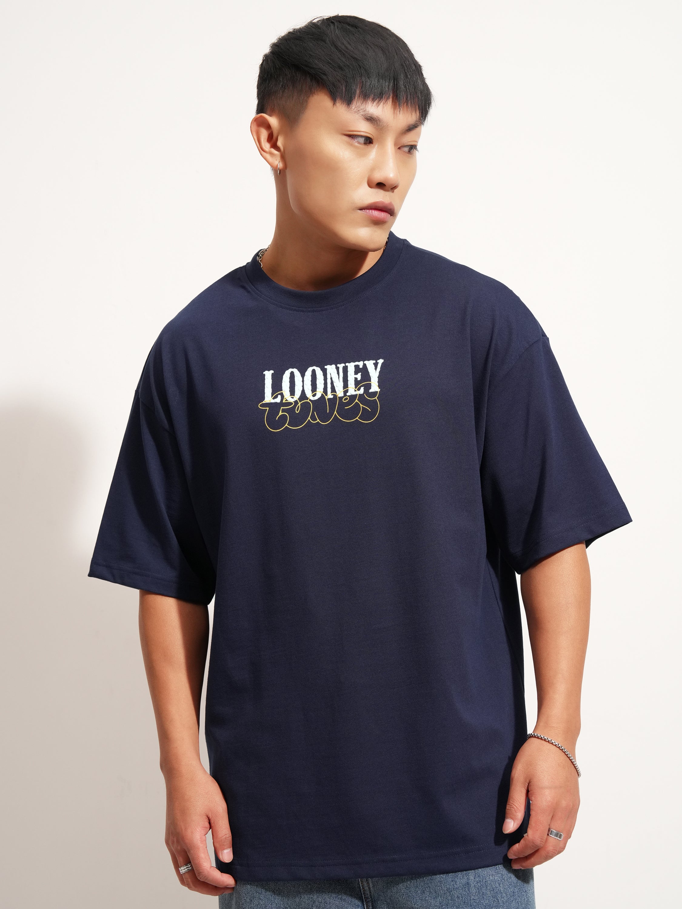 WB By Highlander Men Navy Blue Looney Tunes Printed Round Neck Oversized Fit T-Shirt - Navy Blue - Image 3