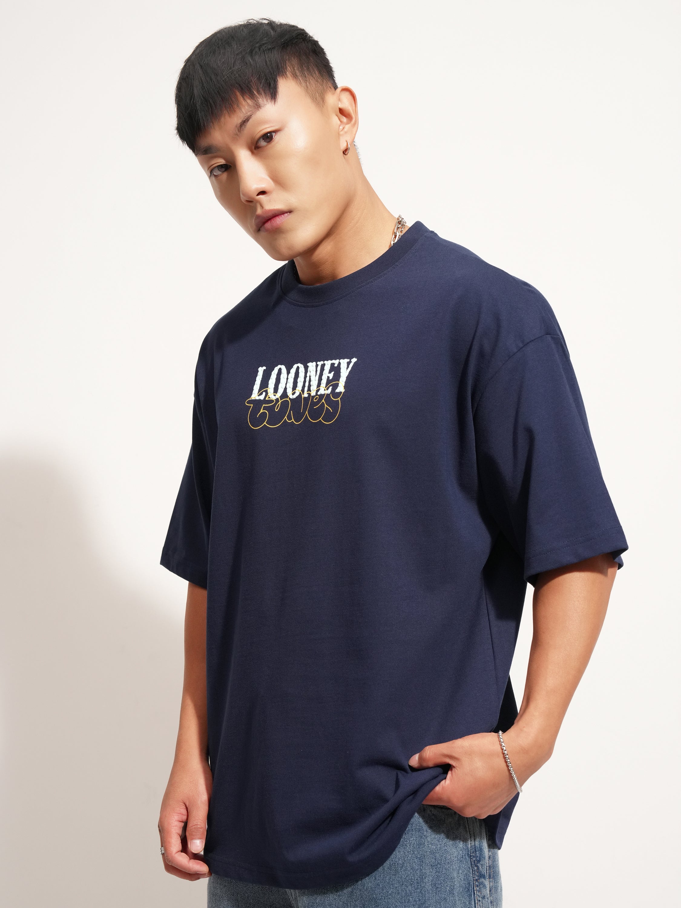 WB By Highlander Men Navy Blue Looney Tunes Printed Round Neck Oversized Fit T-Shirt - Navy Blue - Image 4