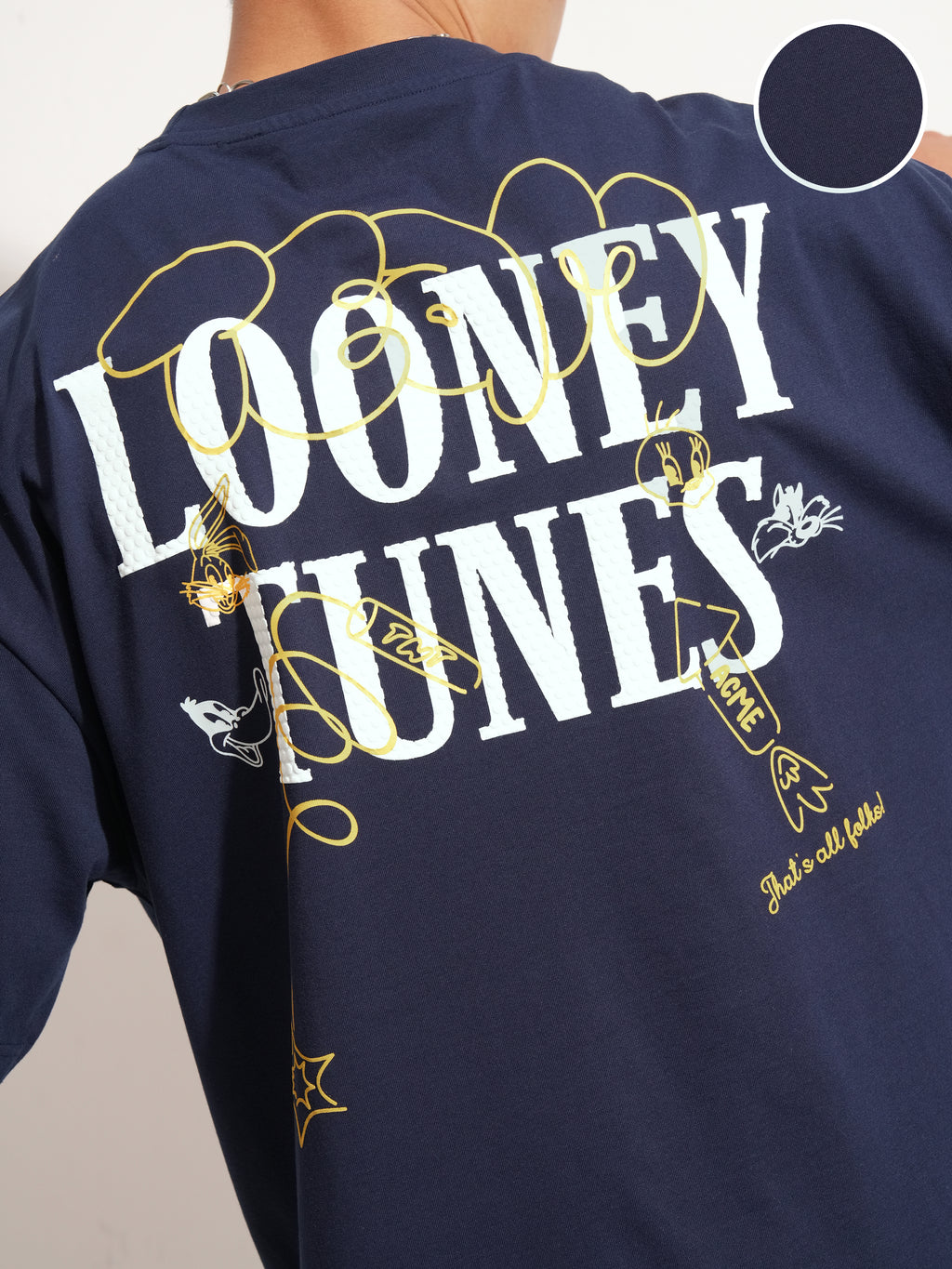 WB By Highlander Men Navy Blue Looney Tunes Printed Round Neck Oversized Fit T-Shirt - Navy Blue - Image 5