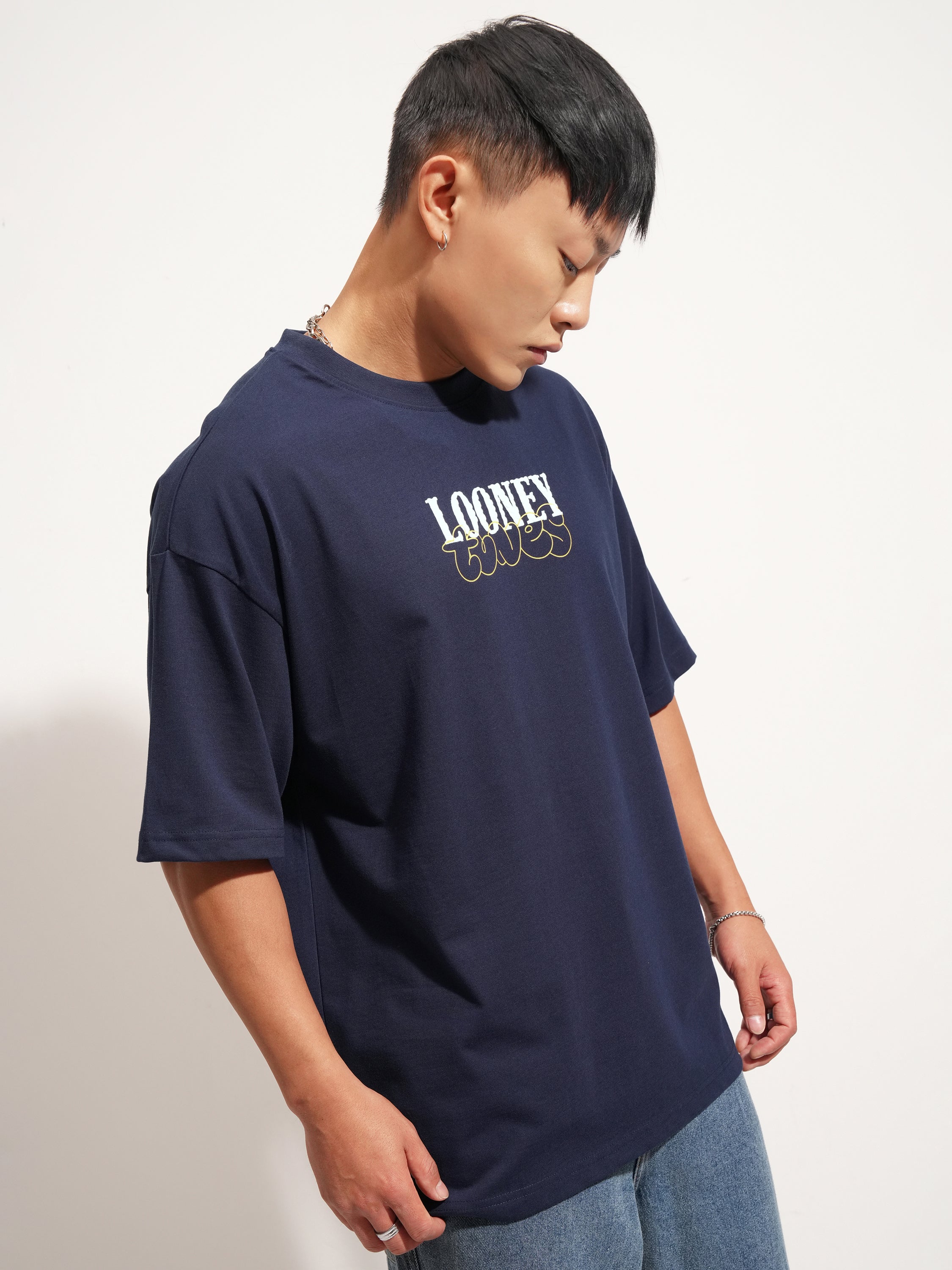 WB By Highlander Men Navy Blue Looney Tunes Printed Round Neck Oversized Fit T-Shirt - Navy Blue - Image 6