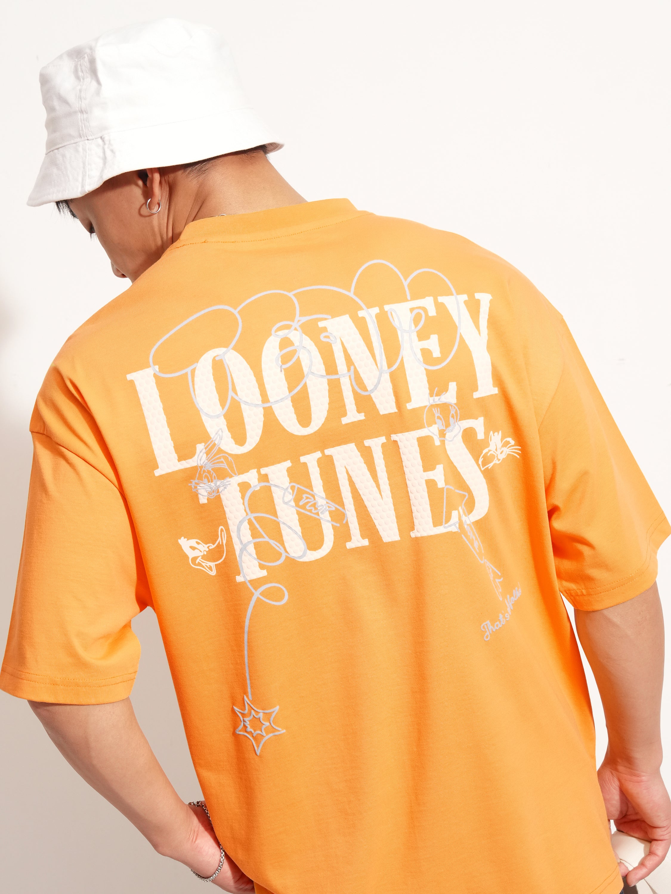 WB By Highlander Men Orange Looney Tunes Printed Round Neck Oversized Fit T-Shirt - Orange - Image 1