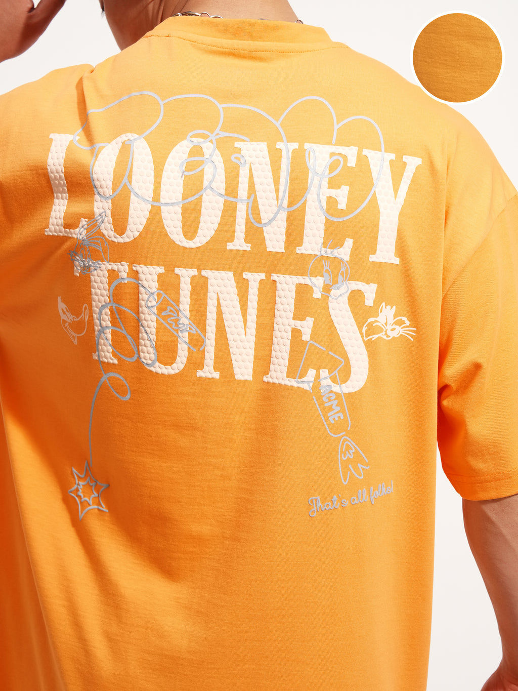WB By Highlander Men Orange Looney Tunes Printed Round Neck Oversized Fit T-Shirt - Orange - Image 5