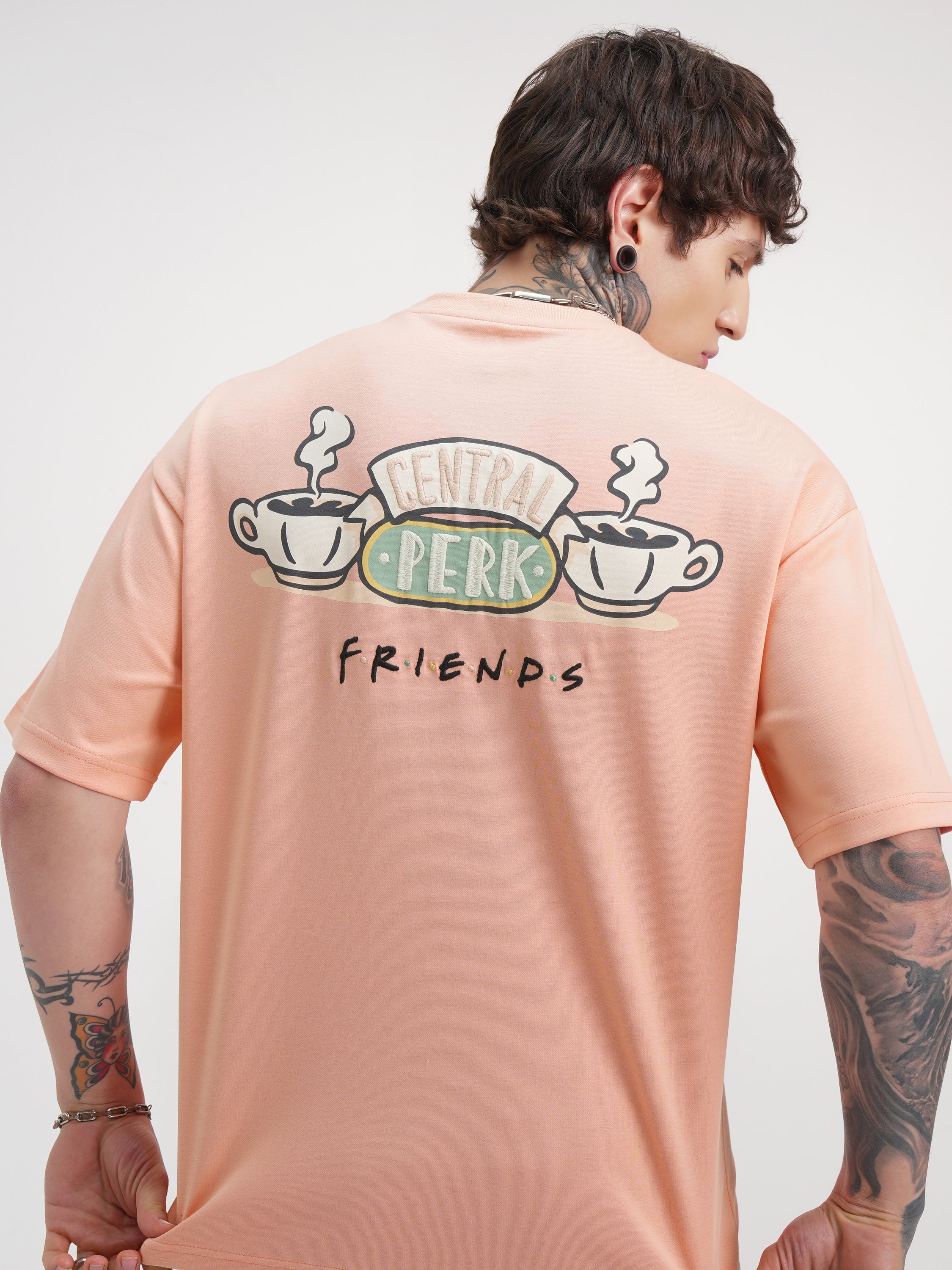 WB By Highlander Men Coral Friends Printed Round Neck Oversized Fit T-Shirt - Coral - Image 1