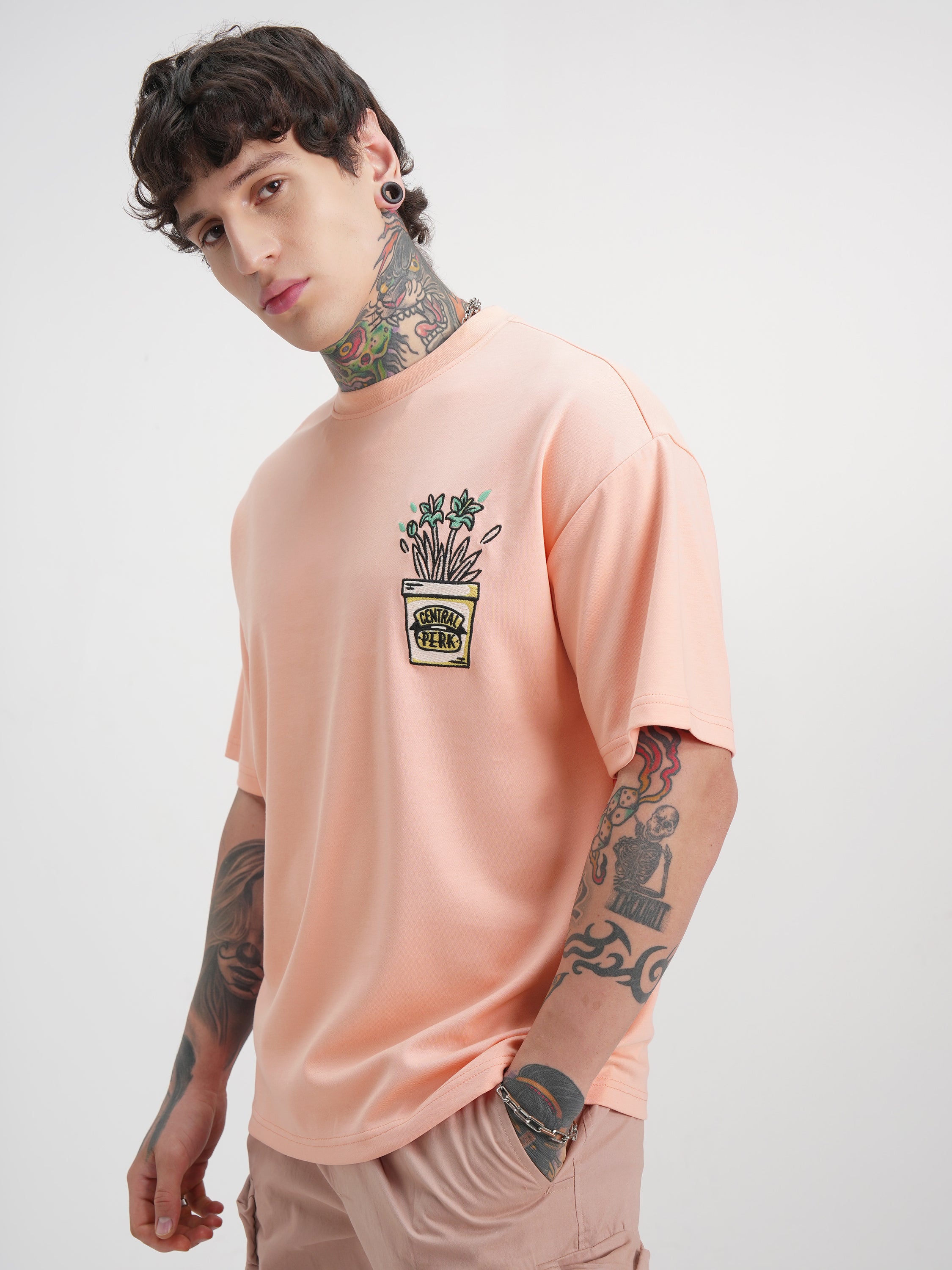 WB By Highlander Men Coral Friends Printed Round Neck Oversized Fit T-Shirt - Coral - Image 4