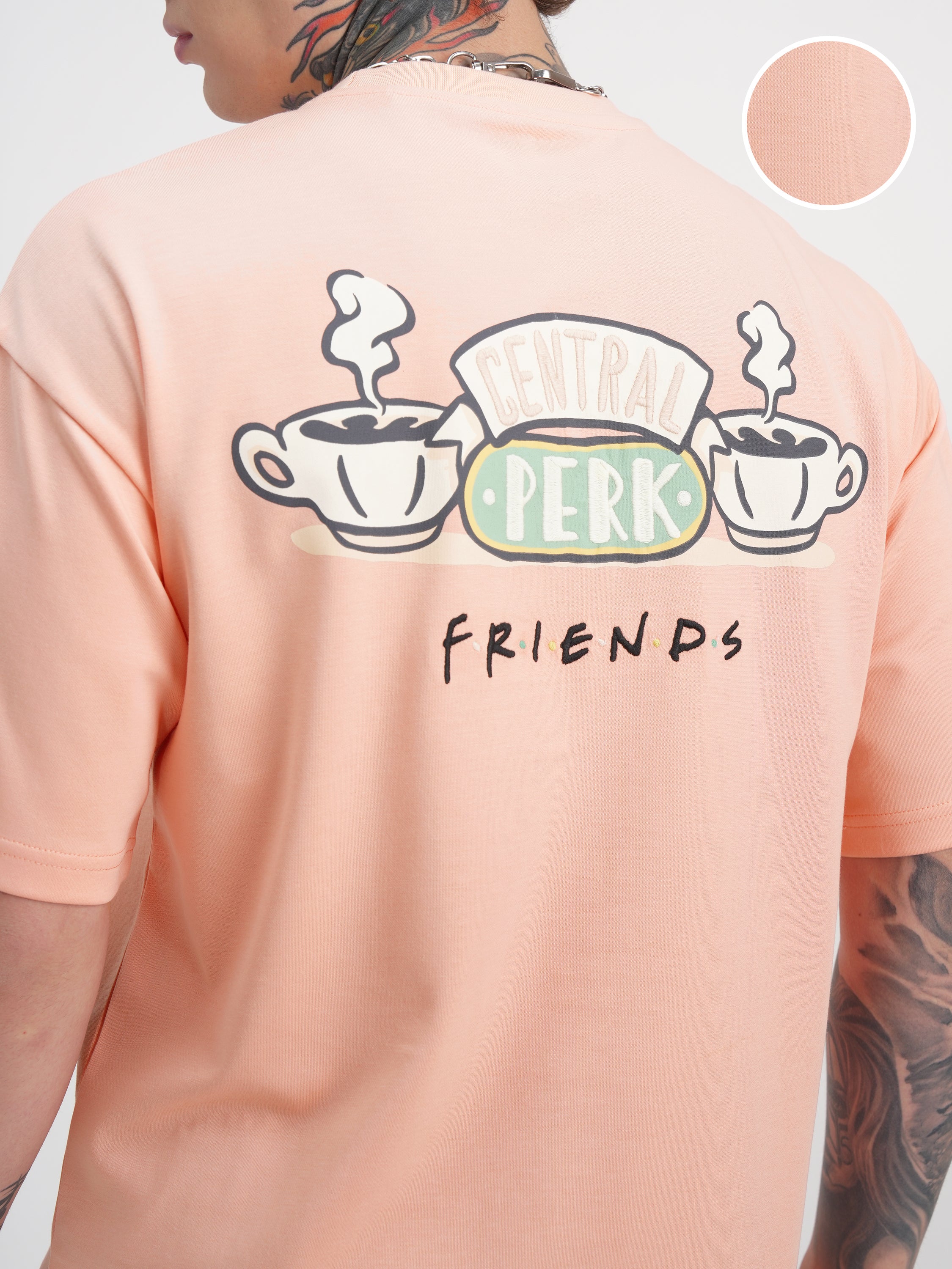 WB By Highlander Men Coral Friends Printed Round Neck Oversized Fit T-Shirt - Coral - Image 5
