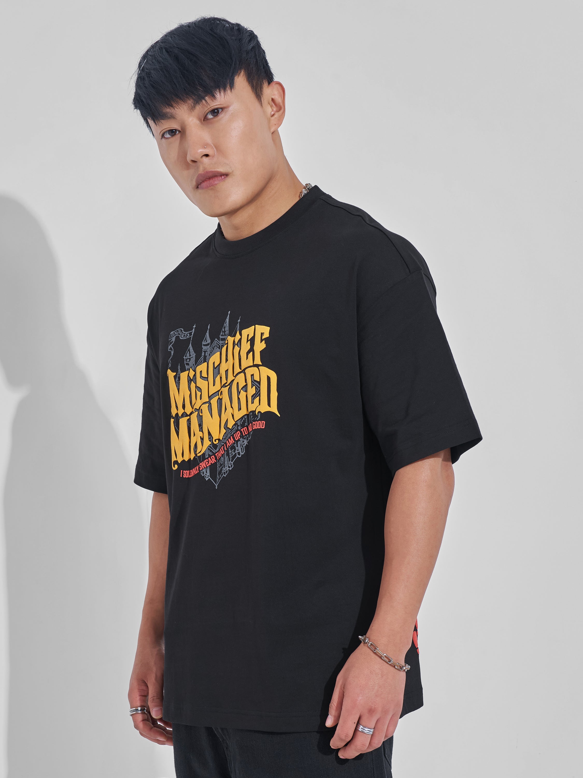 WB By Highlander Men Black Harry Potter Printed Round Neck Oversized Fit T-Shirt - Black - Image 4