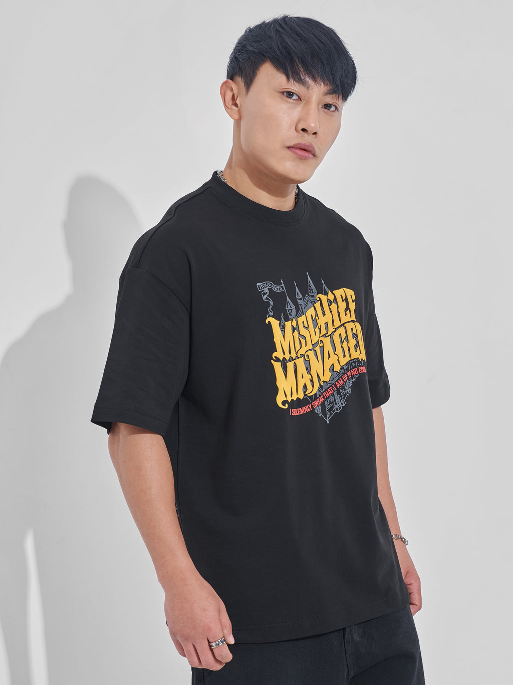 WB By Highlander Men Black Harry Potter Printed Round Neck Oversized Fit T-Shirt - Black - Image 6