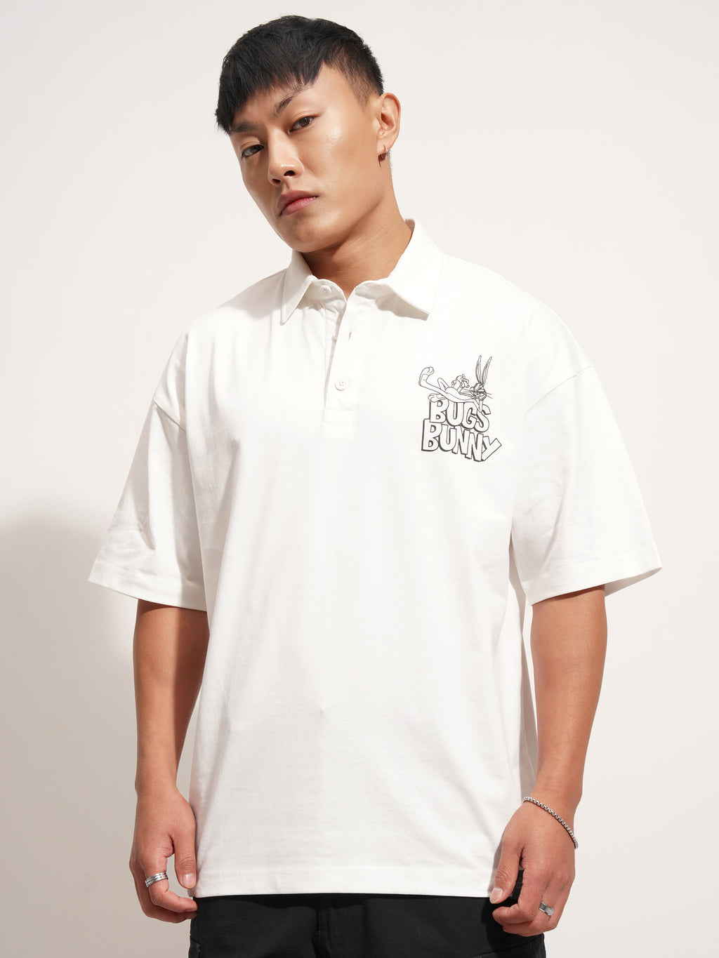 WB By Highlander Men White Looney Tunes Printed Polo Collar T-Shirt - White - Image 3