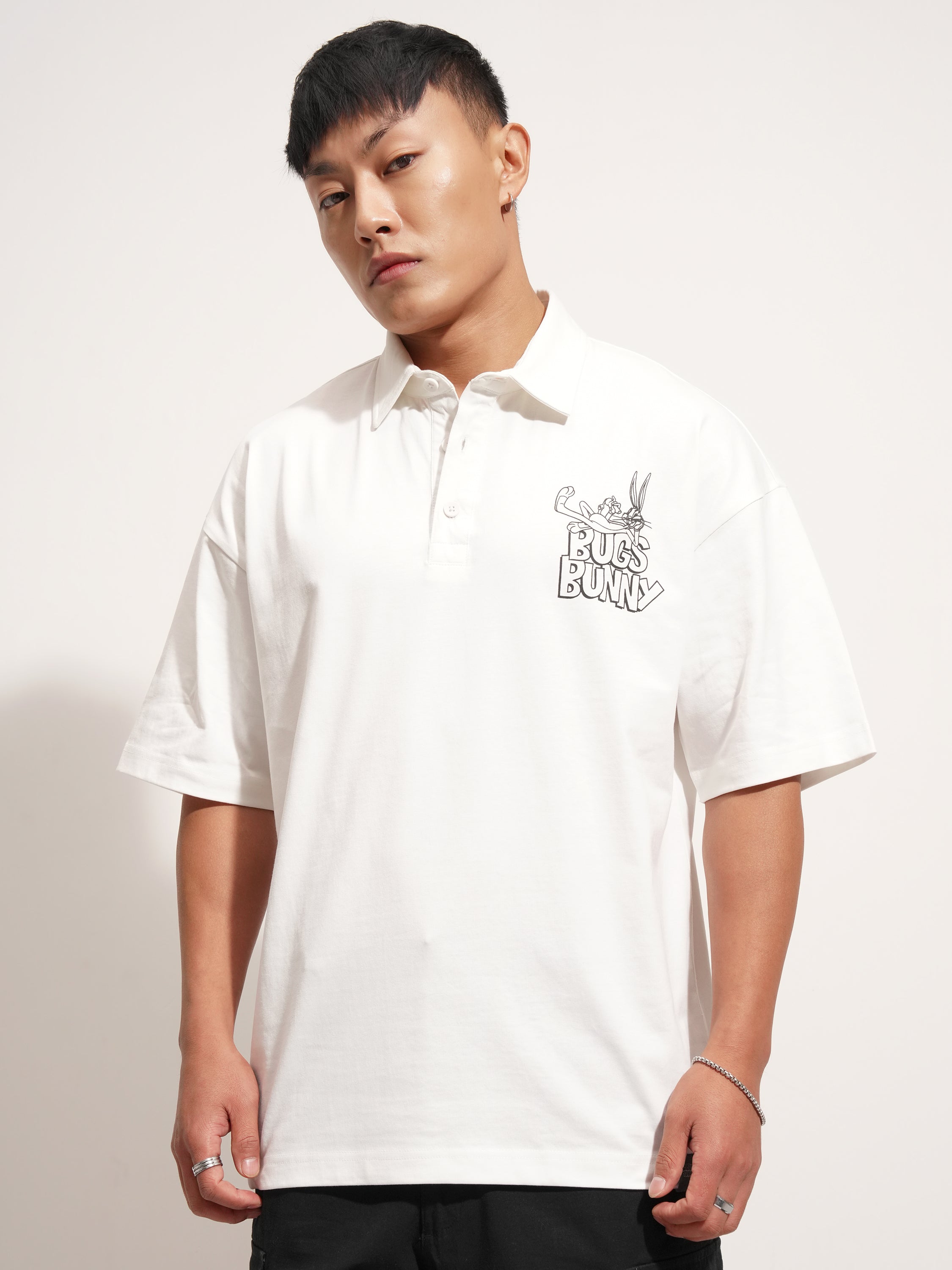 WB By Highlander Men White Looney Tunes Printed Polo Collar T-Shirt - White - Image 3