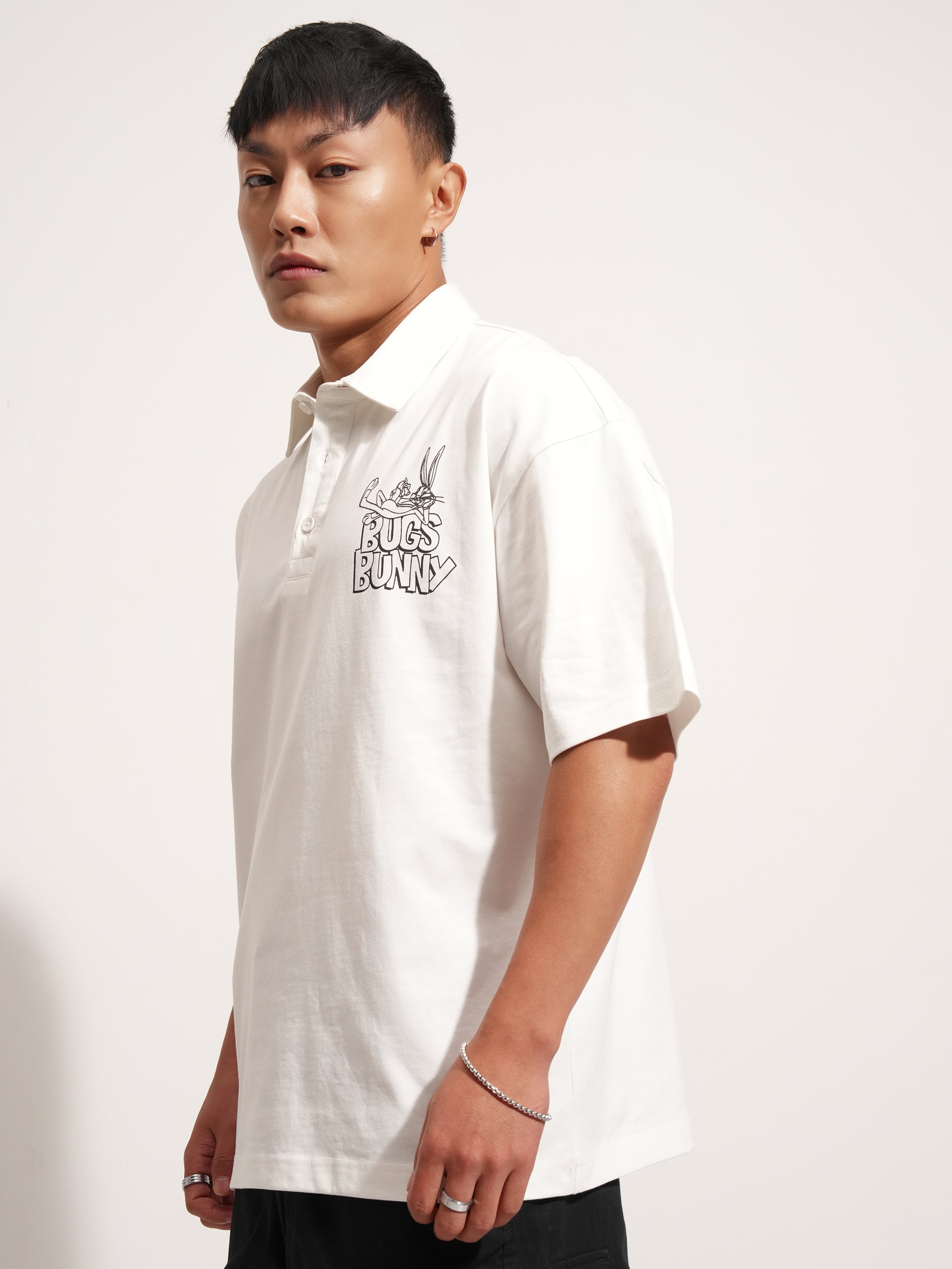 WB By Highlander Men White Looney Tunes Printed Polo Collar T-Shirt - White - Image 4