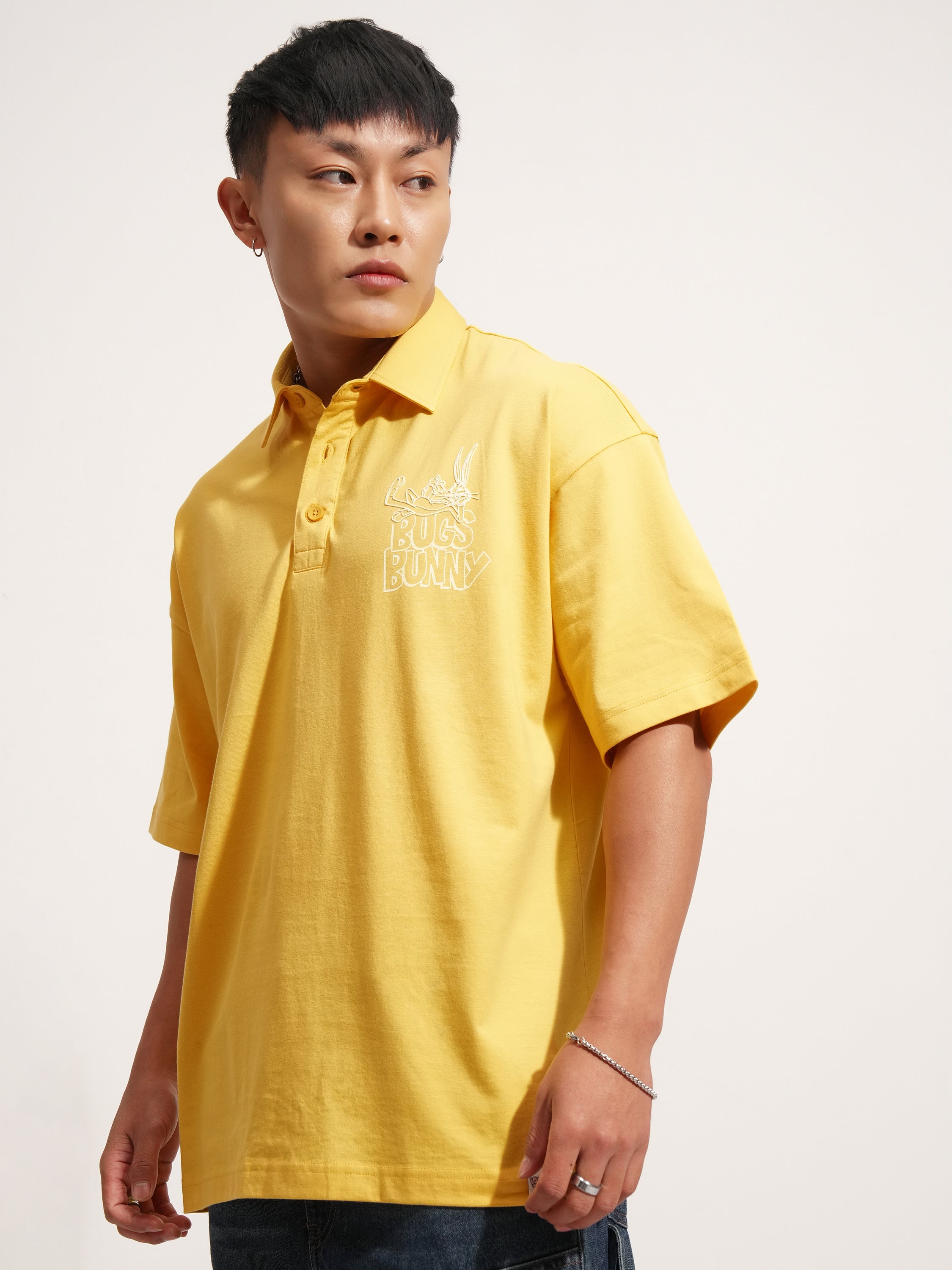 WB By Highlander Men Yellow Looney Tunes Printed Polo Collar T-Shirt - Yellow - Image 4
