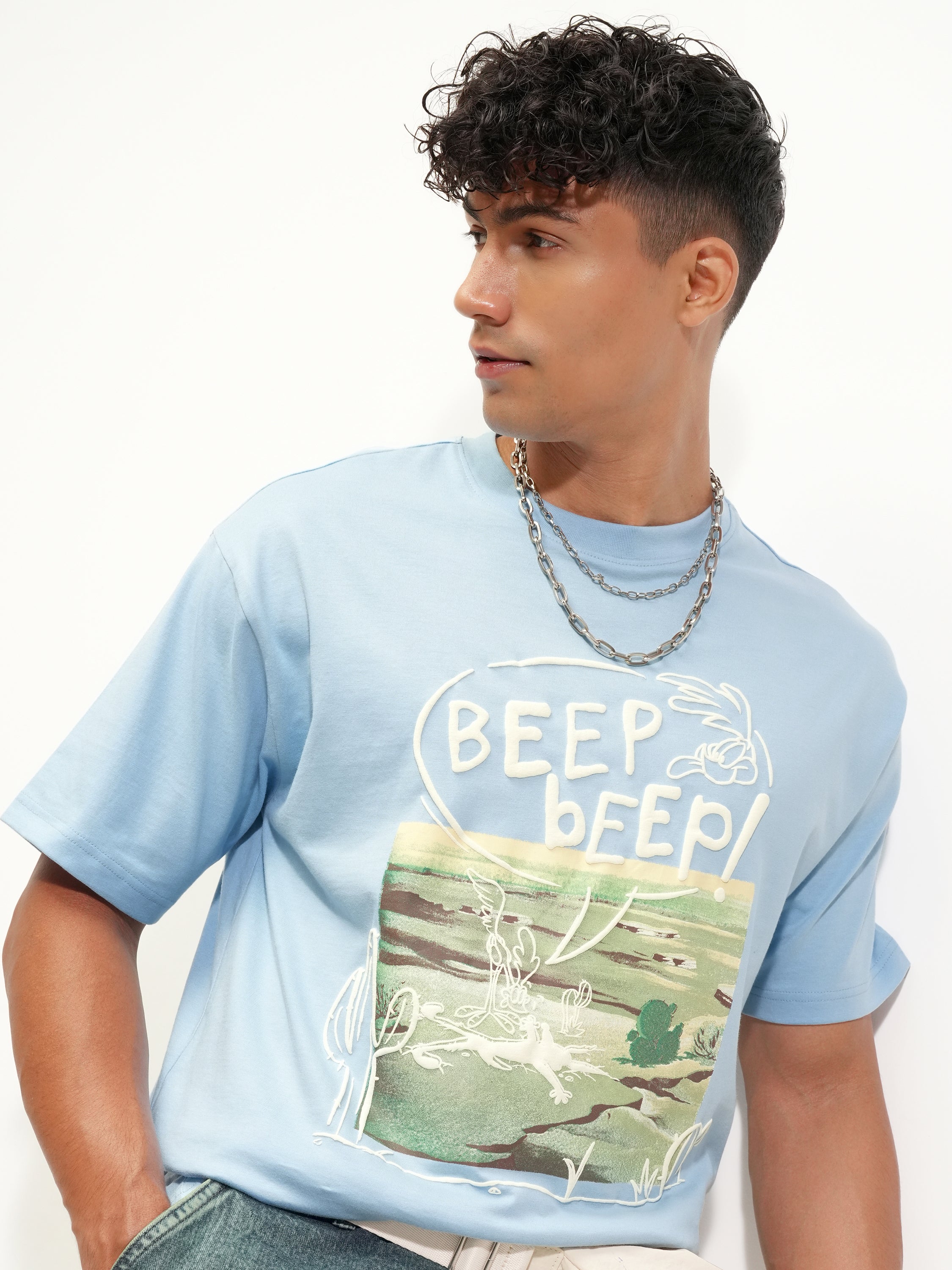 WB By Highlander Men Blue Looney Tunes Printed Round Neck T-Shirt - Blue - Image 1