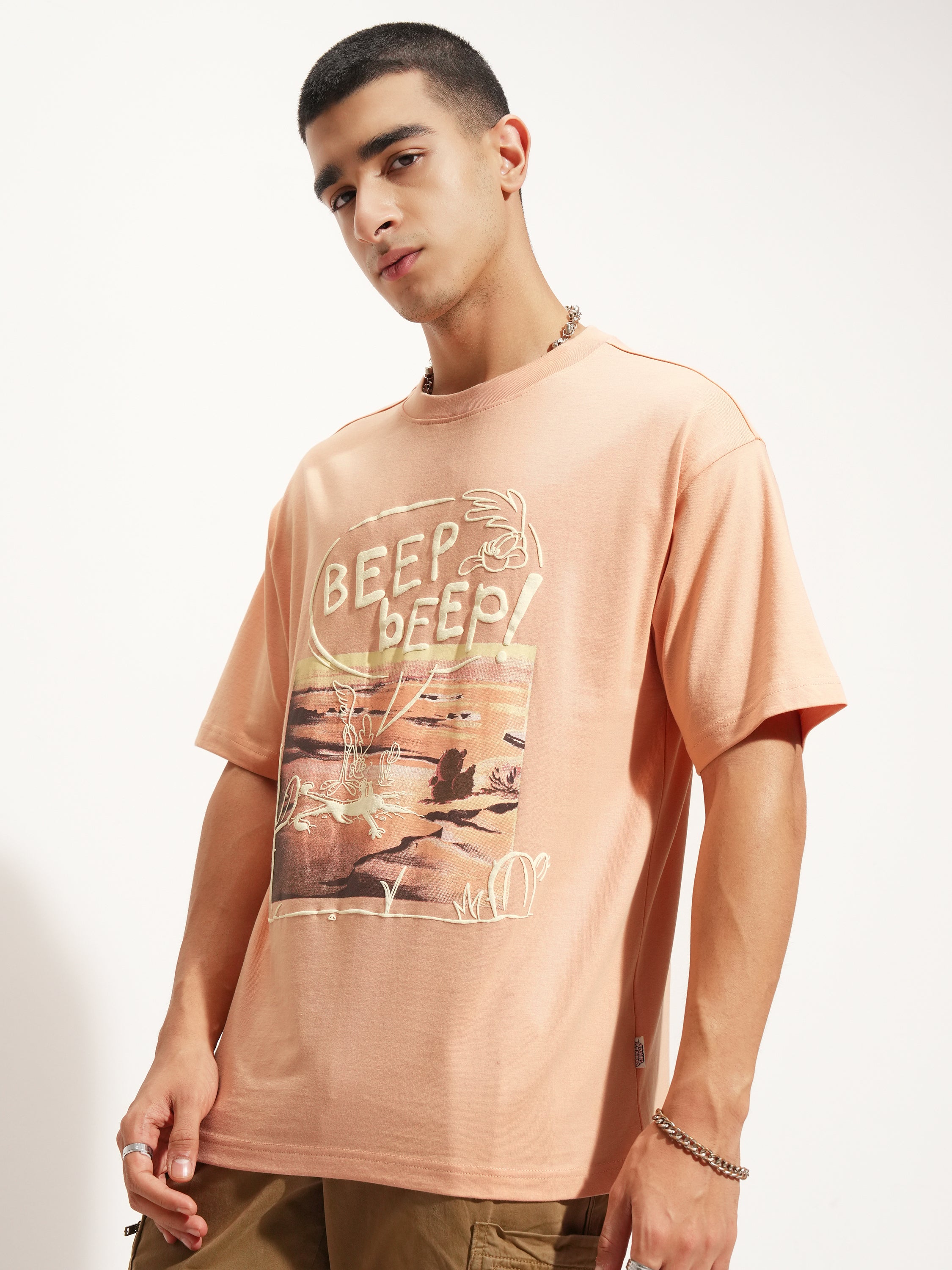 WB By Highlander Men Peach Looney Tunes Printed Round Neck T-Shirt - Peach - Image 4