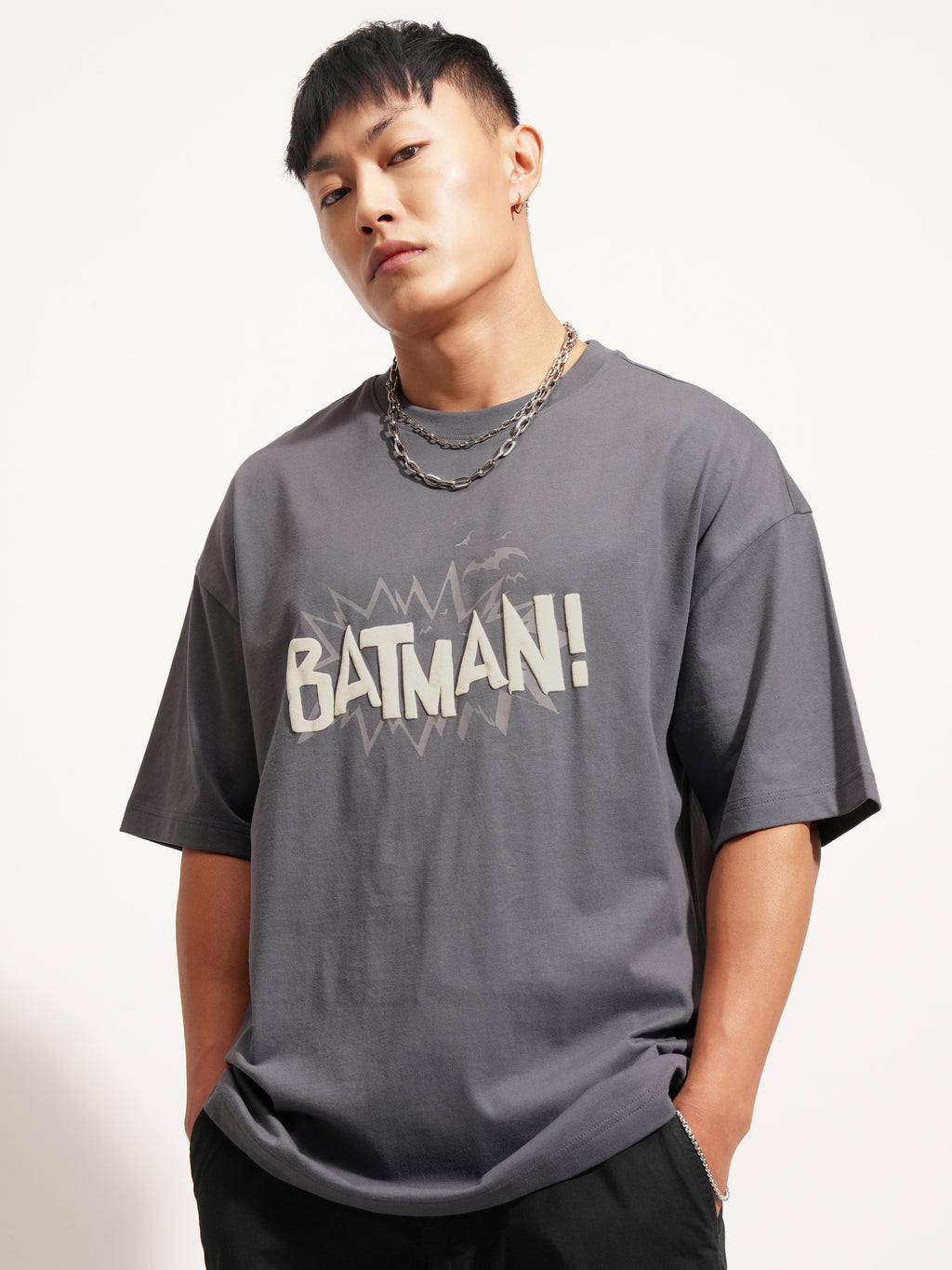 DC By Highlander Men Grey Batman Printed Round Neck Oversized Fit T-Shirt - Grey - Image 3