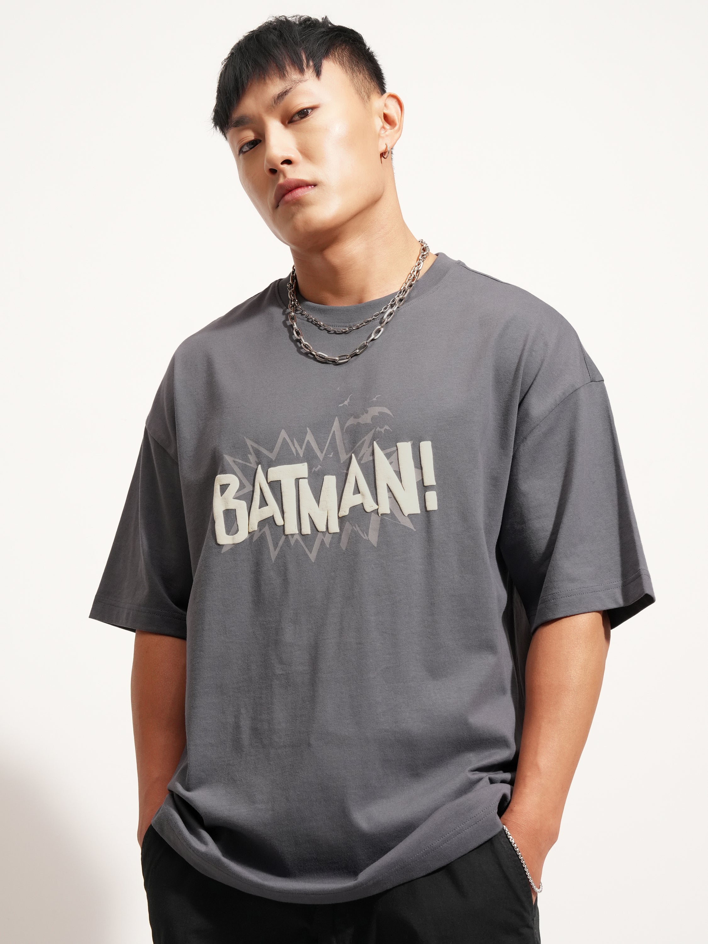DC By Highlander Men Grey Batman Printed Round Neck Oversized Fit T-Shirt - Grey - Image 3